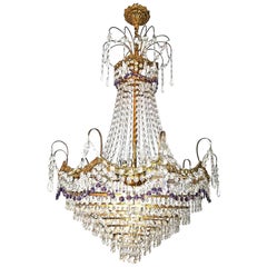 French Hollywood Regency Empire, Amethyst Cut Crystal & Bronze 8 Light Chandelier