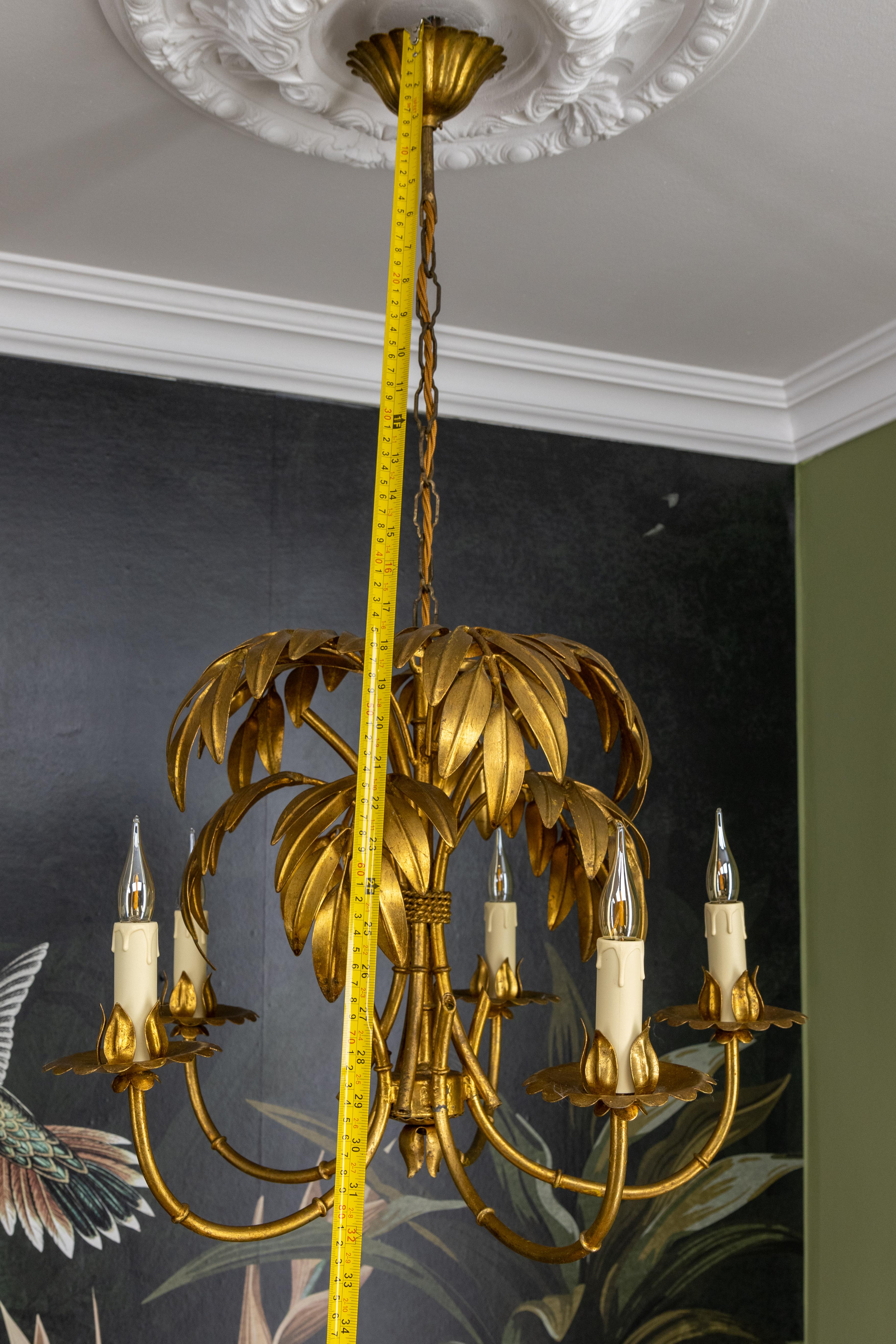 French Hollywood Regency Gilt Metal Bamboo Palm Five-Light Chandelier, ca. 1950s 6