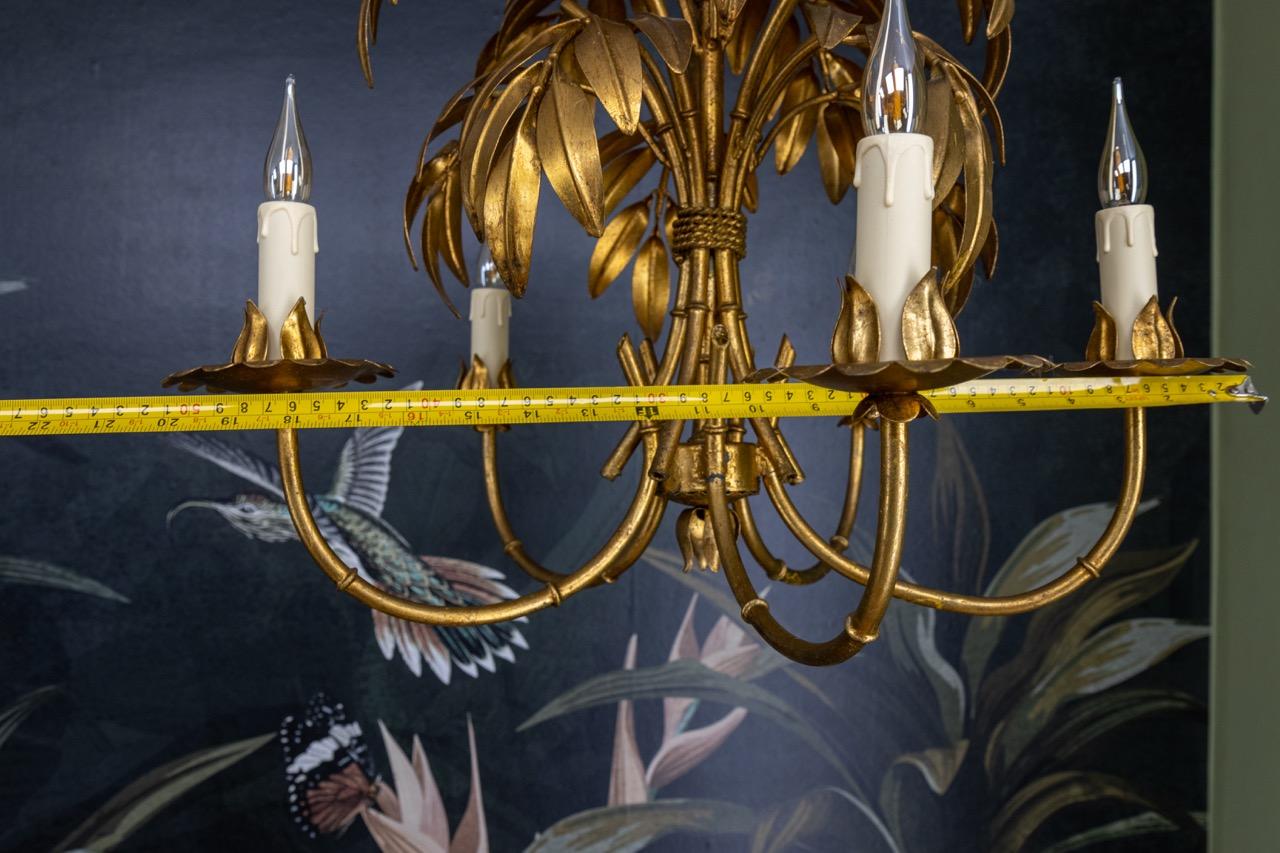 French Hollywood Regency Gilt Metal Bamboo Palm Five-Light Chandelier, ca. 1950s 7