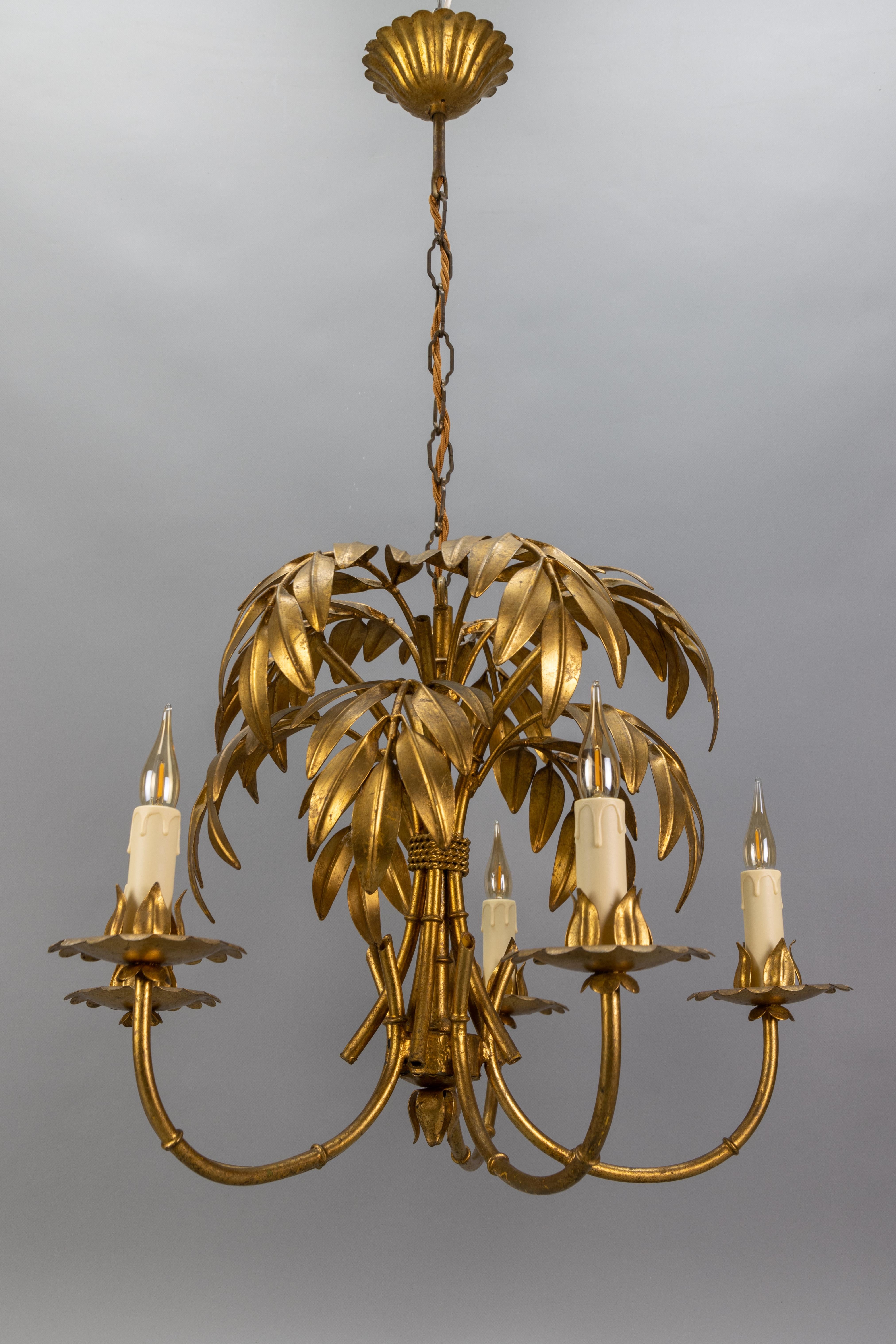 French Hollywood Regency Gilt Metal Bamboo Palm Five-Light Chandelier, ca. 1950s 8