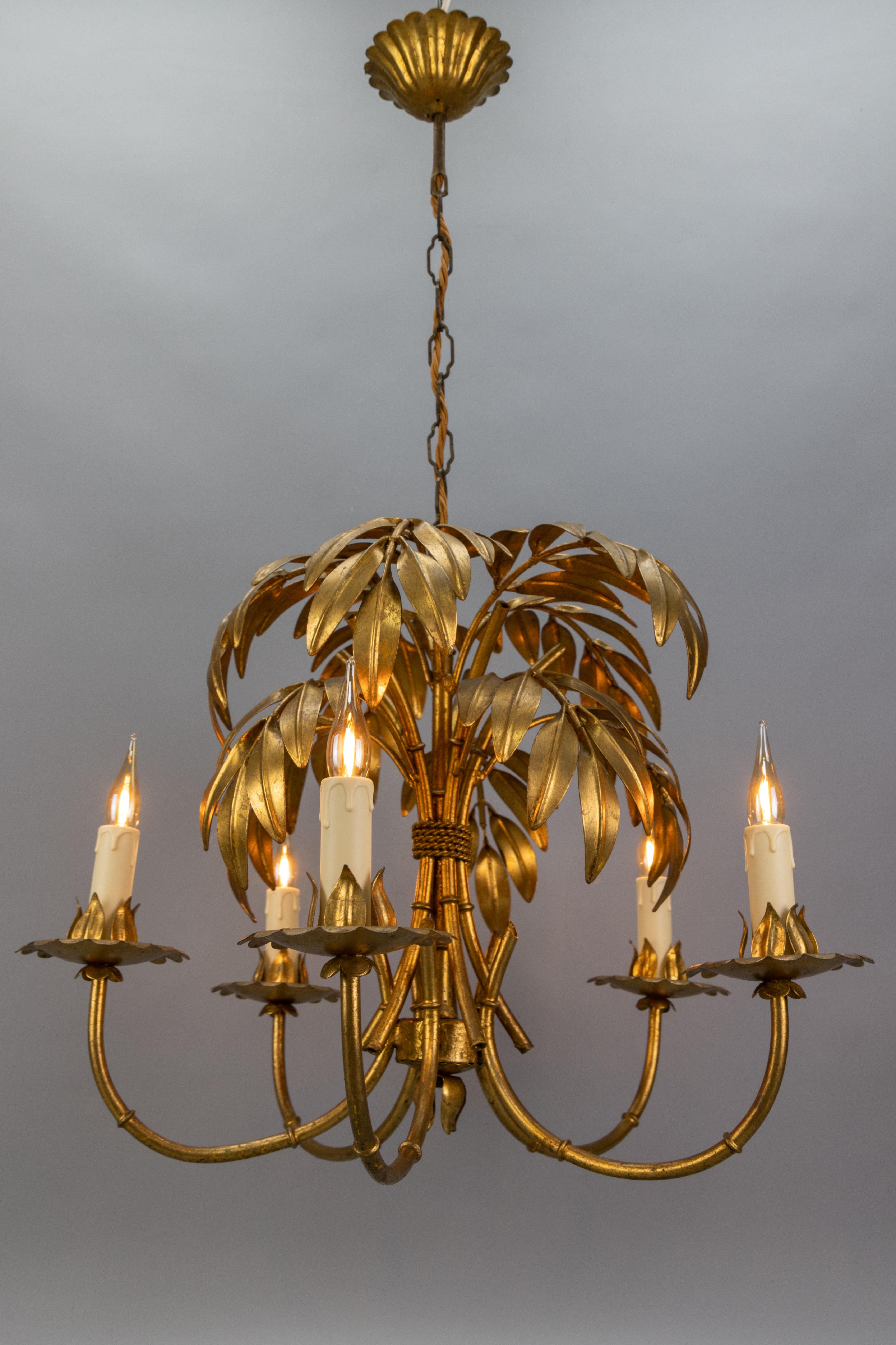 French Hollywood Regency Gilt Metal Bamboo Palm Five-Light Chandelier, ca. 1950s 10