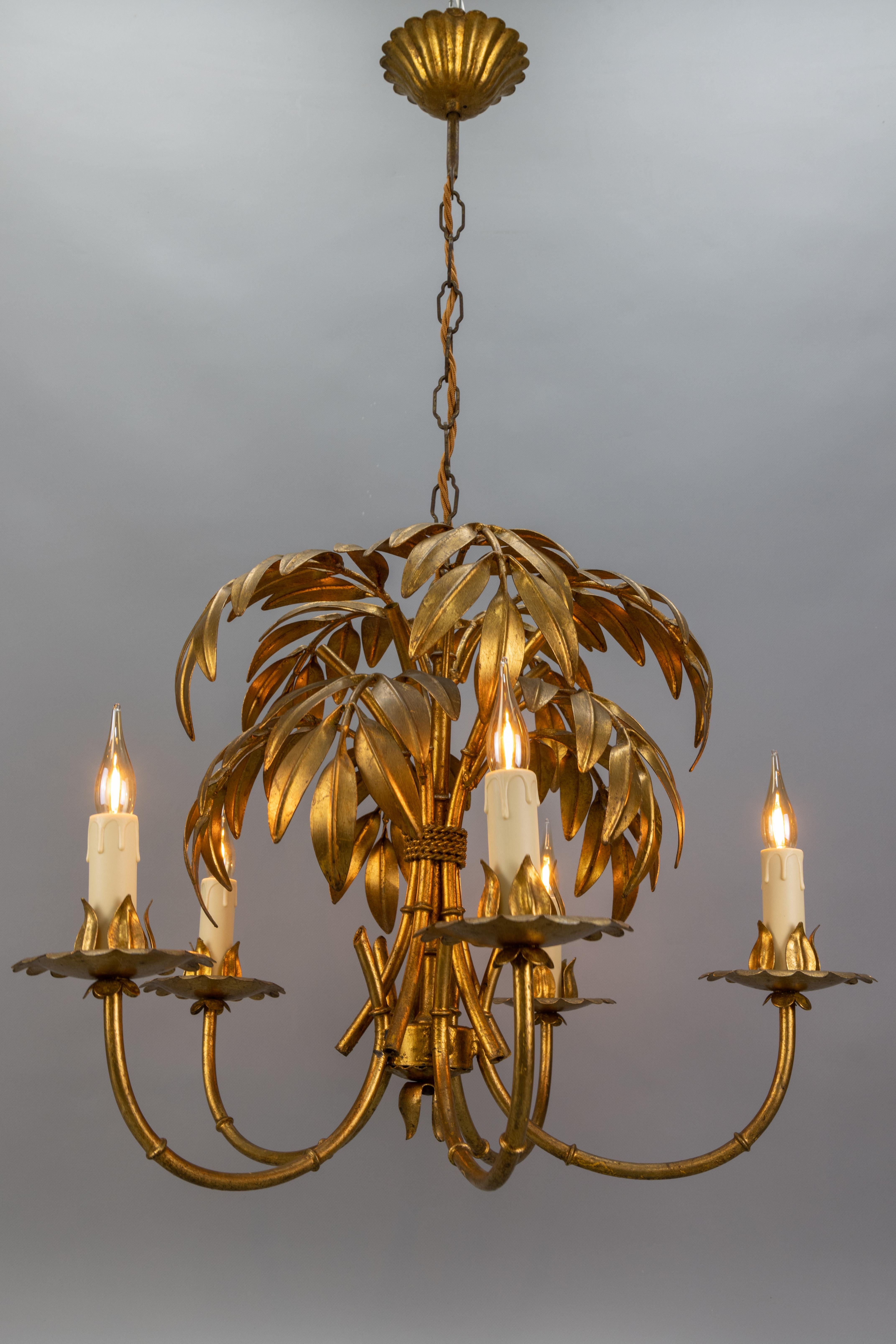 French Hollywood Regency Gilt Metal Bamboo Palm Five-Light Chandelier, ca. 1950s 11