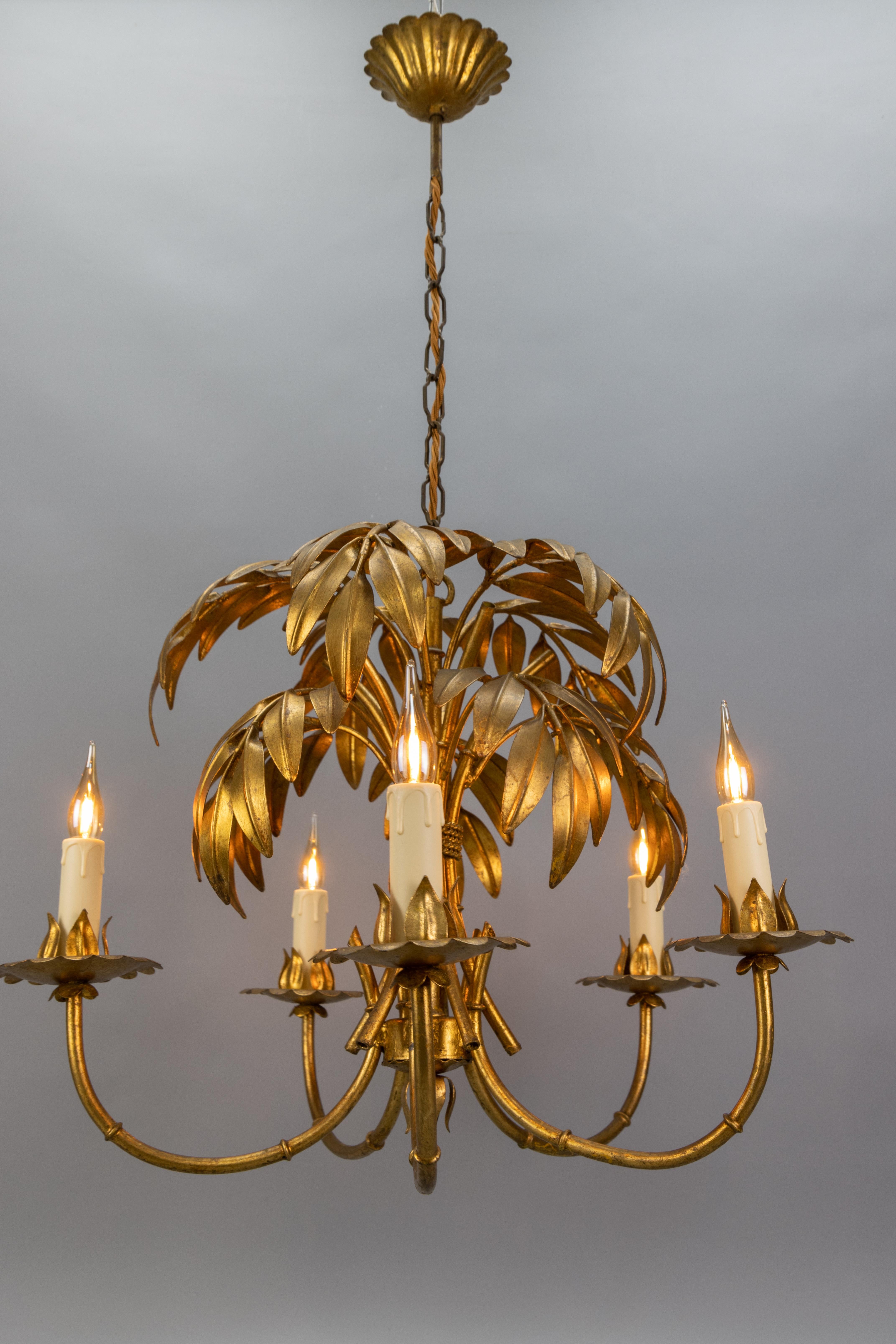 French Hollywood Regency Gilt Metal Bamboo Palm Five-Light Chandelier, ca. 1950s 12