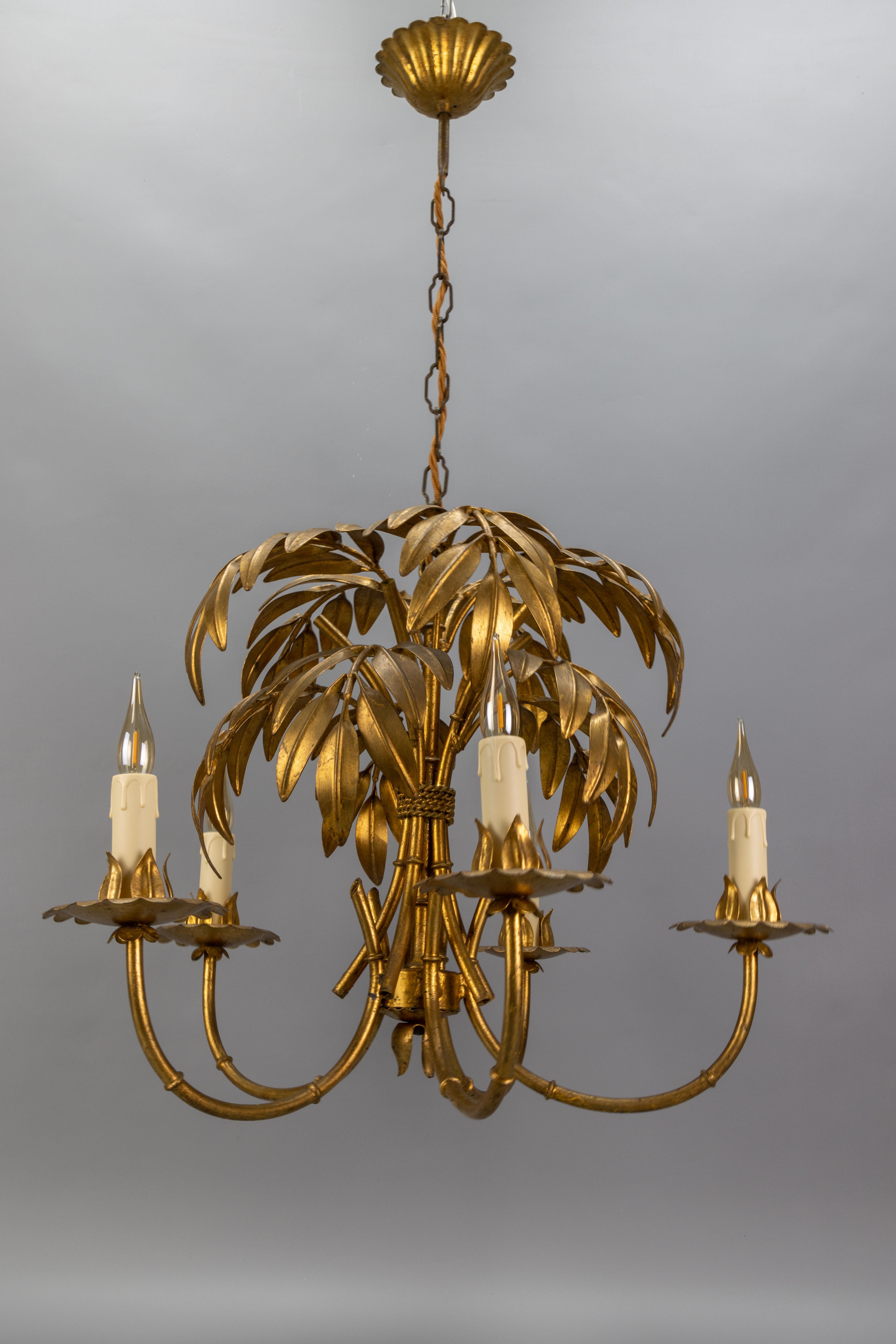 French Hollywood Regency Gilt Metal Bamboo Palm Five-Light Chandelier, ca. 1950s 13