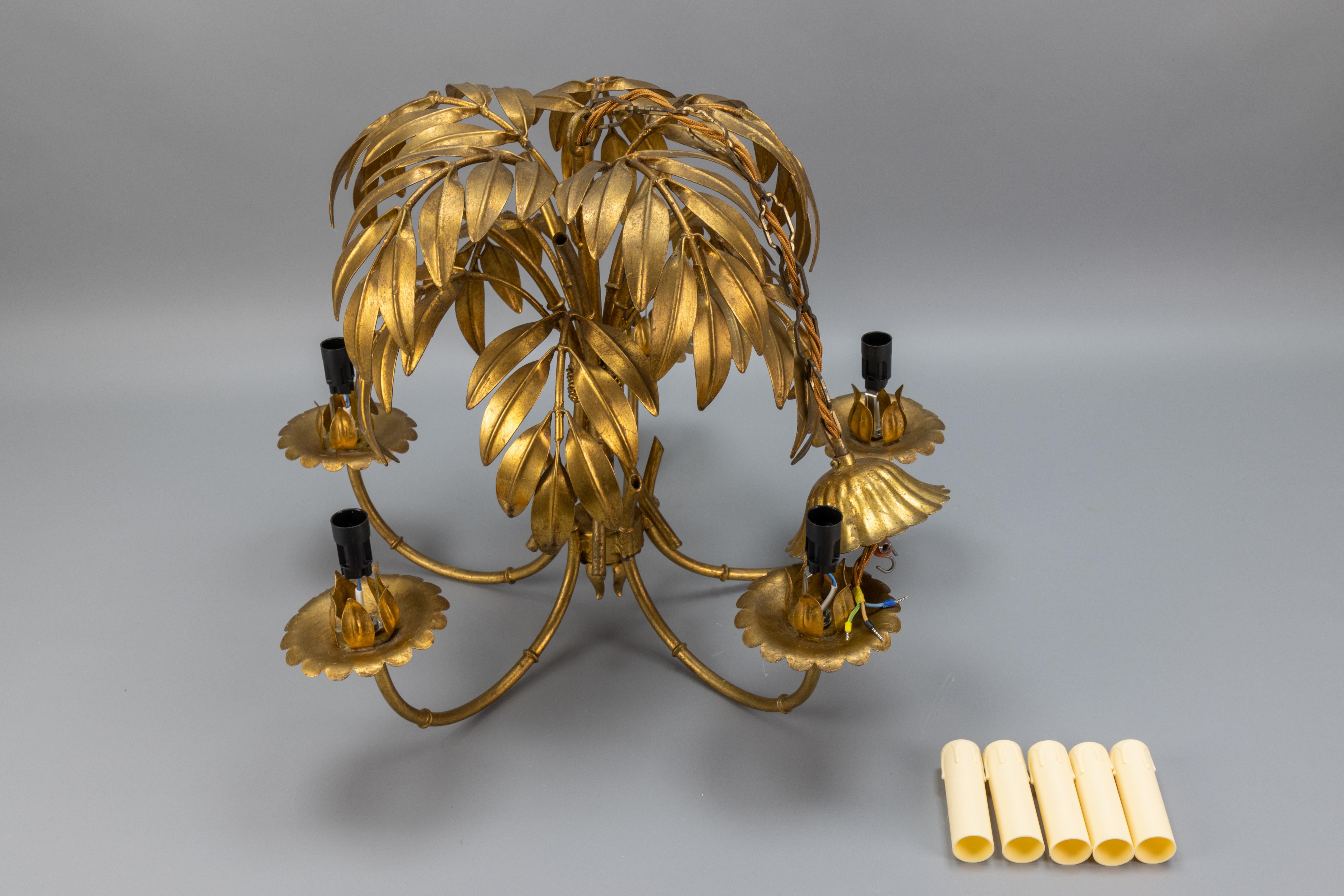 French Hollywood Regency Gilt Metal Bamboo Palm Five-Light Chandelier, ca. 1950s 14