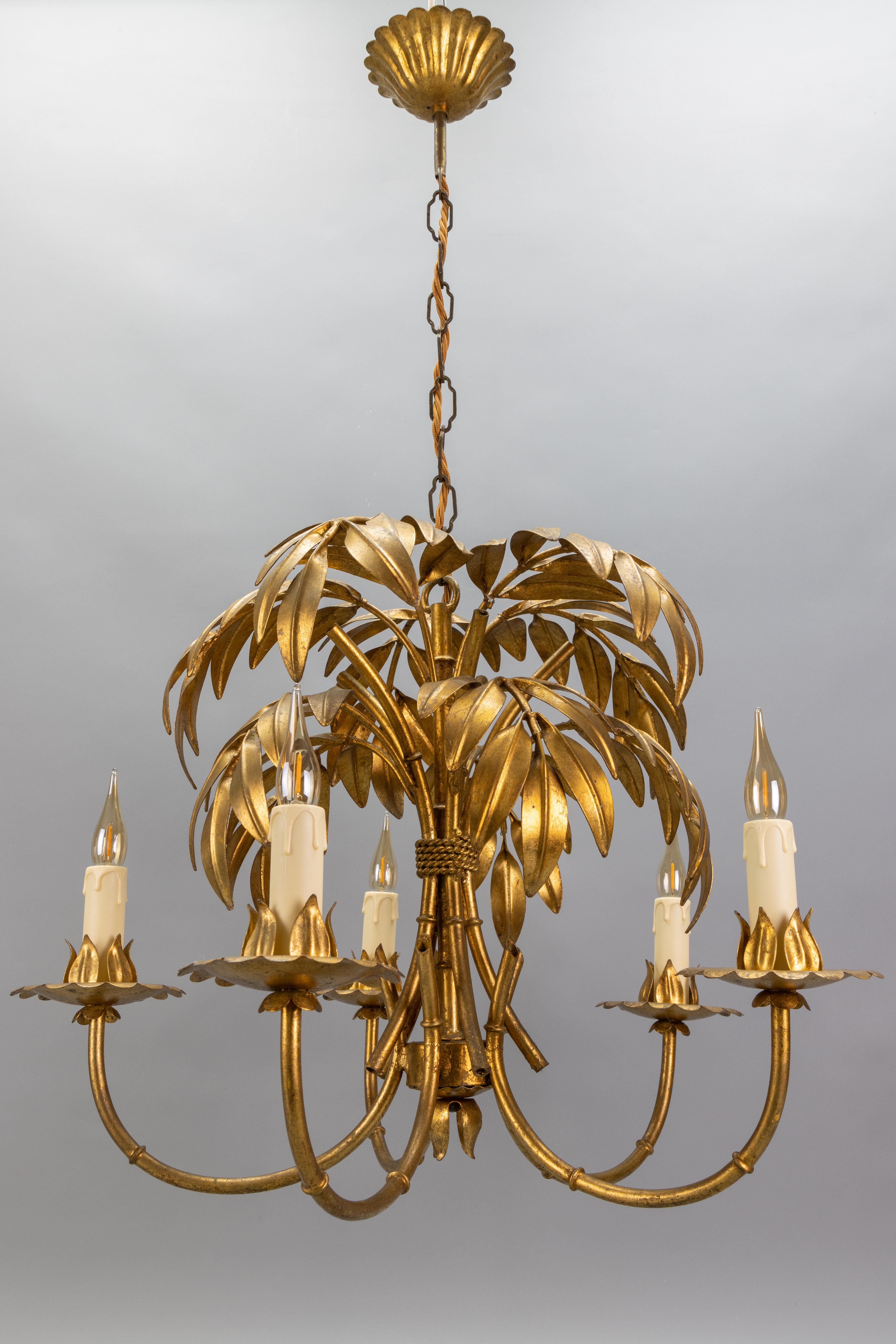 French Hollywood Regency Gilt Metal Bamboo Palm Five-Light Chandelier, ca. 1950s 15