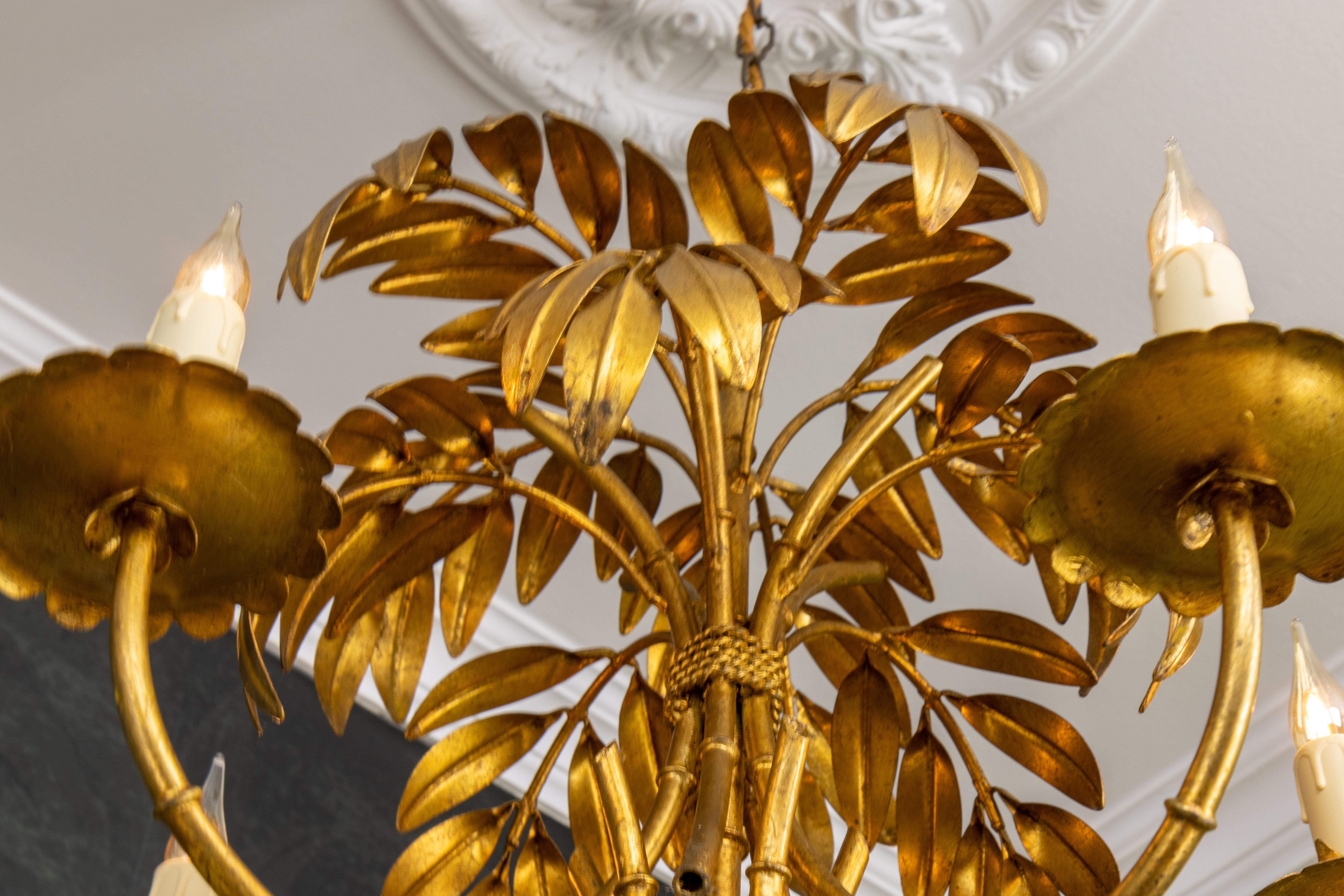 French Hollywood Regency Gilt Metal Bamboo Palm Five-Light Chandelier, ca. 1950s 2