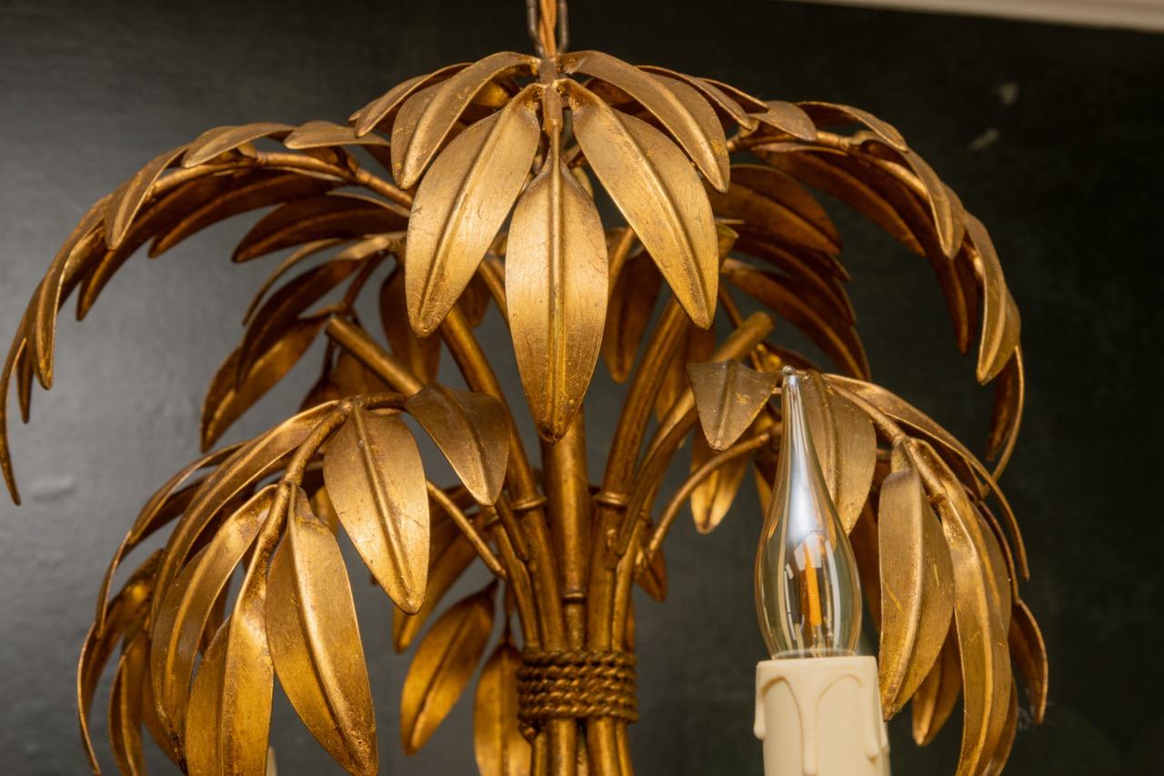 French Hollywood Regency Gilt Metal Bamboo Palm Five-Light Chandelier, ca. 1950s 3