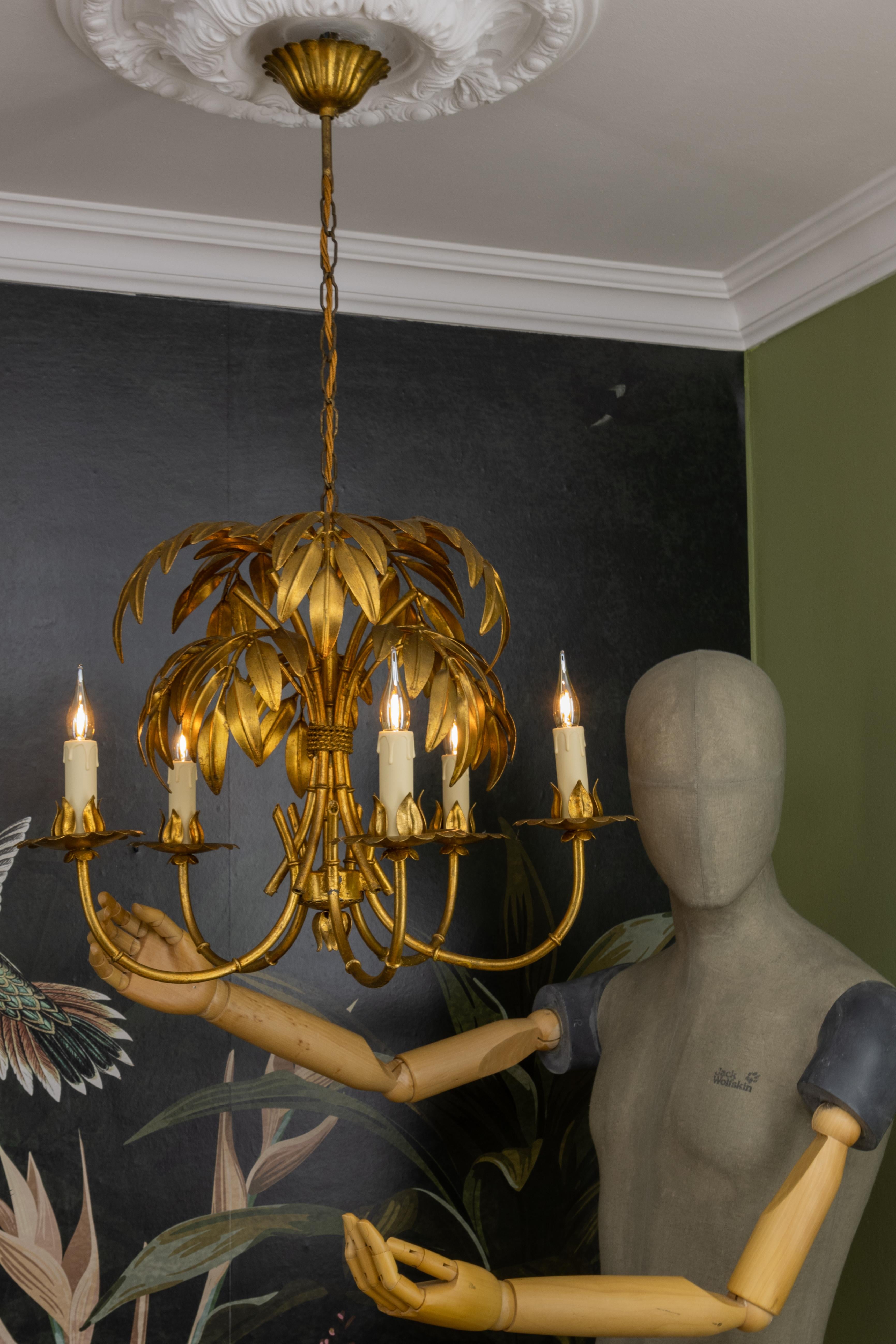 French Hollywood Regency Gilt Metal Bamboo Palm Five-Light Chandelier, ca. 1950s 5