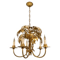 French Hollywood Regency Gilt Metal Bamboo Palm Five-Light Chandelier, ca. 1950s