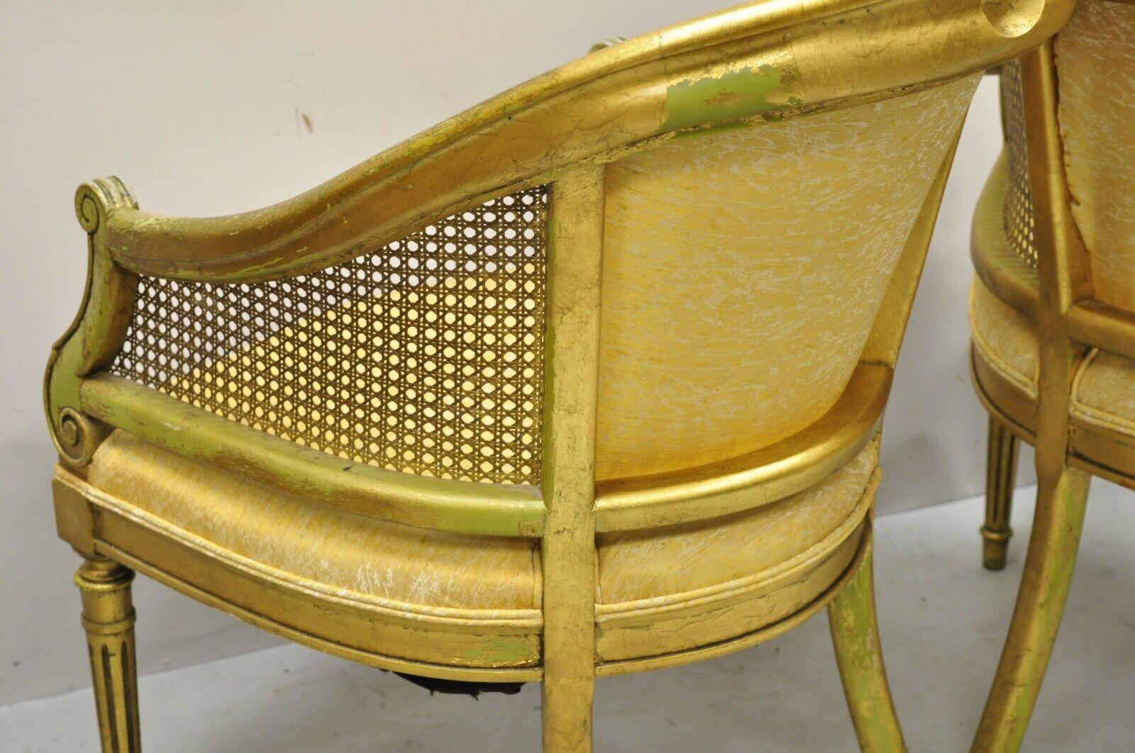 French Hollywood Regency Gold Gilt Barrel Back Cane Lounge Chairs, a Pair For Sale 4