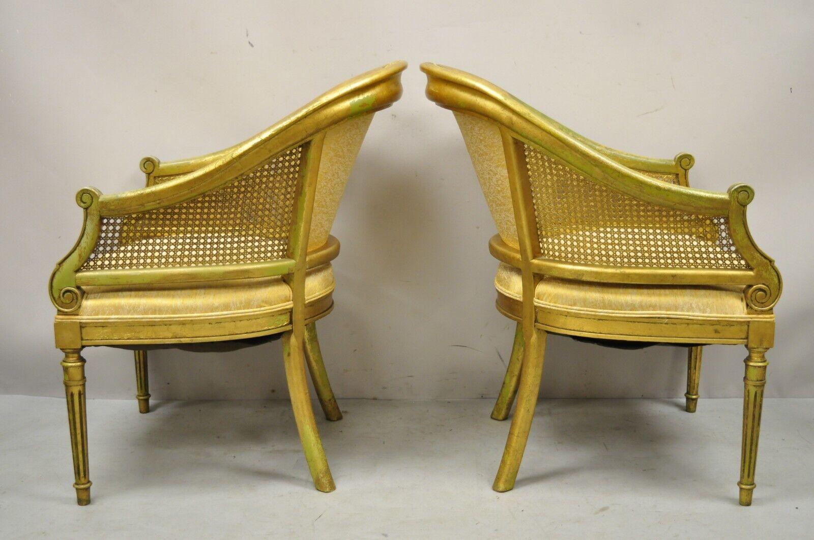 French Hollywood Regency Gold Gilt Barrel Back Cane Lounge Chairs, a Pair For Sale 5