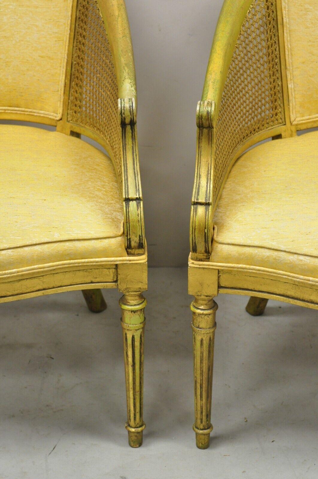 20th Century French Hollywood Regency Gold Gilt Barrel Back Cane Lounge Chairs, a Pair For Sale