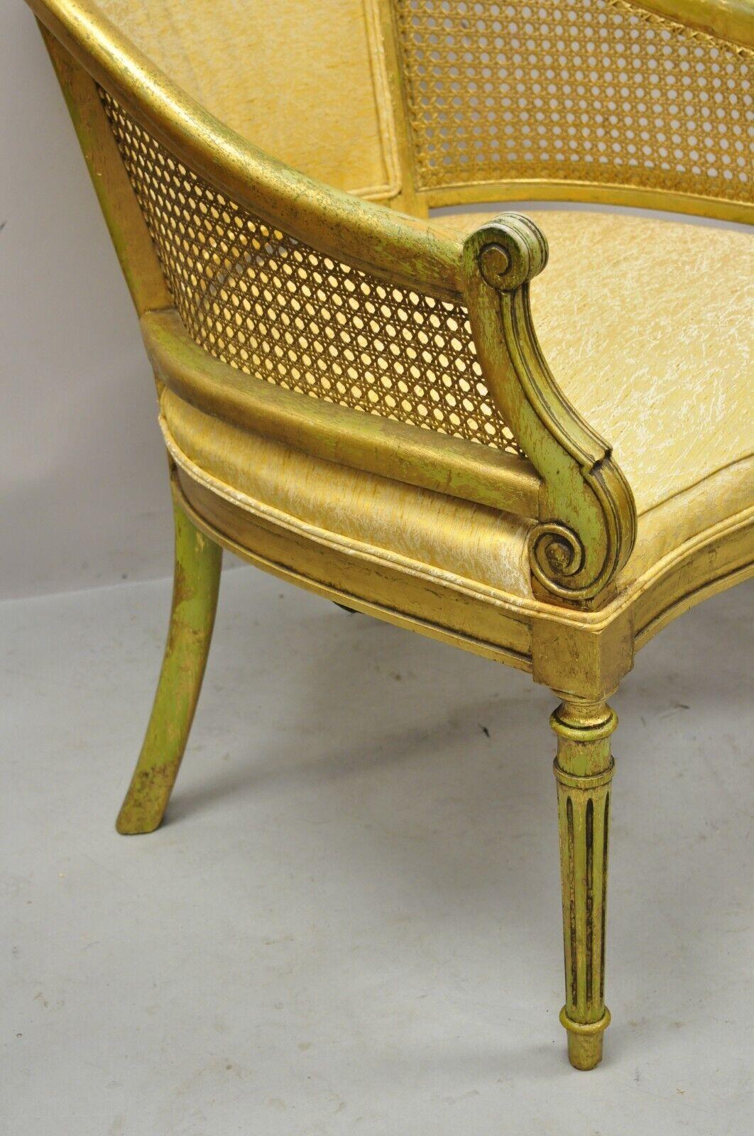 French Hollywood Regency Gold Gilt Barrel Back Cane Lounge Chairs, a Pair For Sale 1