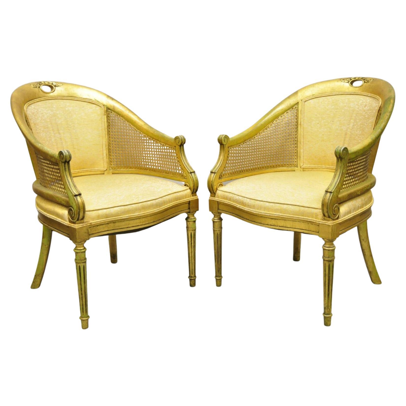 French Hollywood Regency Gold Gilt Barrel Back Cane Lounge Chairs, a Pair For Sale