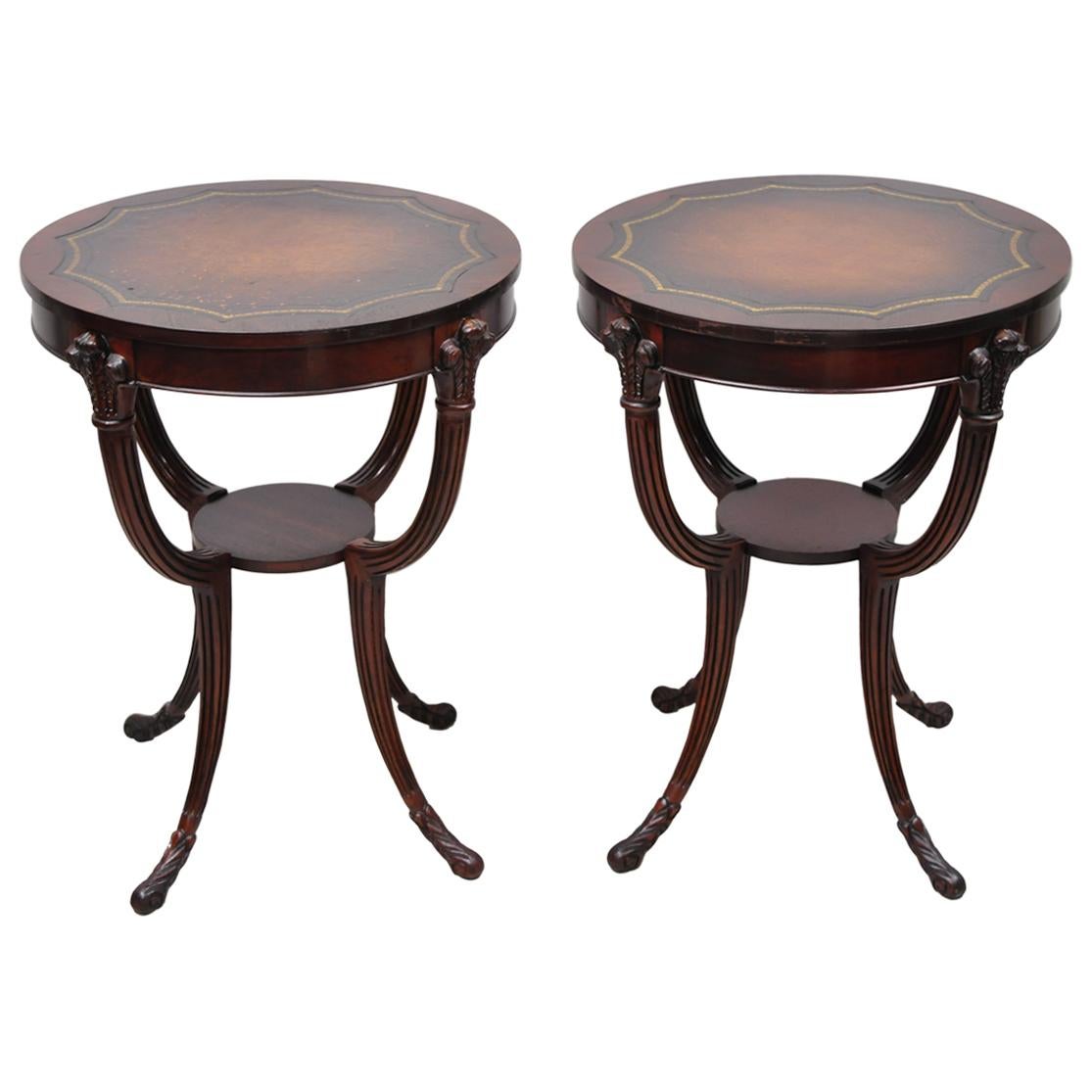 French Hollywood Regency Grosfeld House Plume Carved Leather End Tables, a Pair