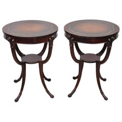 French Hollywood Regency Grosfeld House Plume Carved Leather End Tables, a Pair