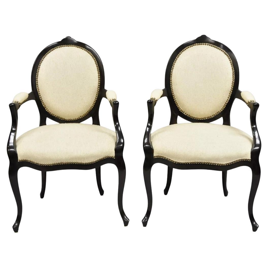 French Hollywood Regency Louis XV Style Mahogany Oval Back Arm Chairs - a Pair