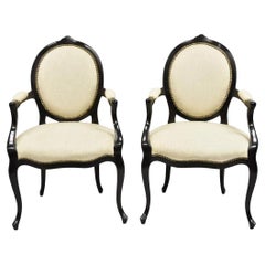 French Hollywood Regency Louis XV Style Mahogany Oval Back Arm Chairs - a Pair