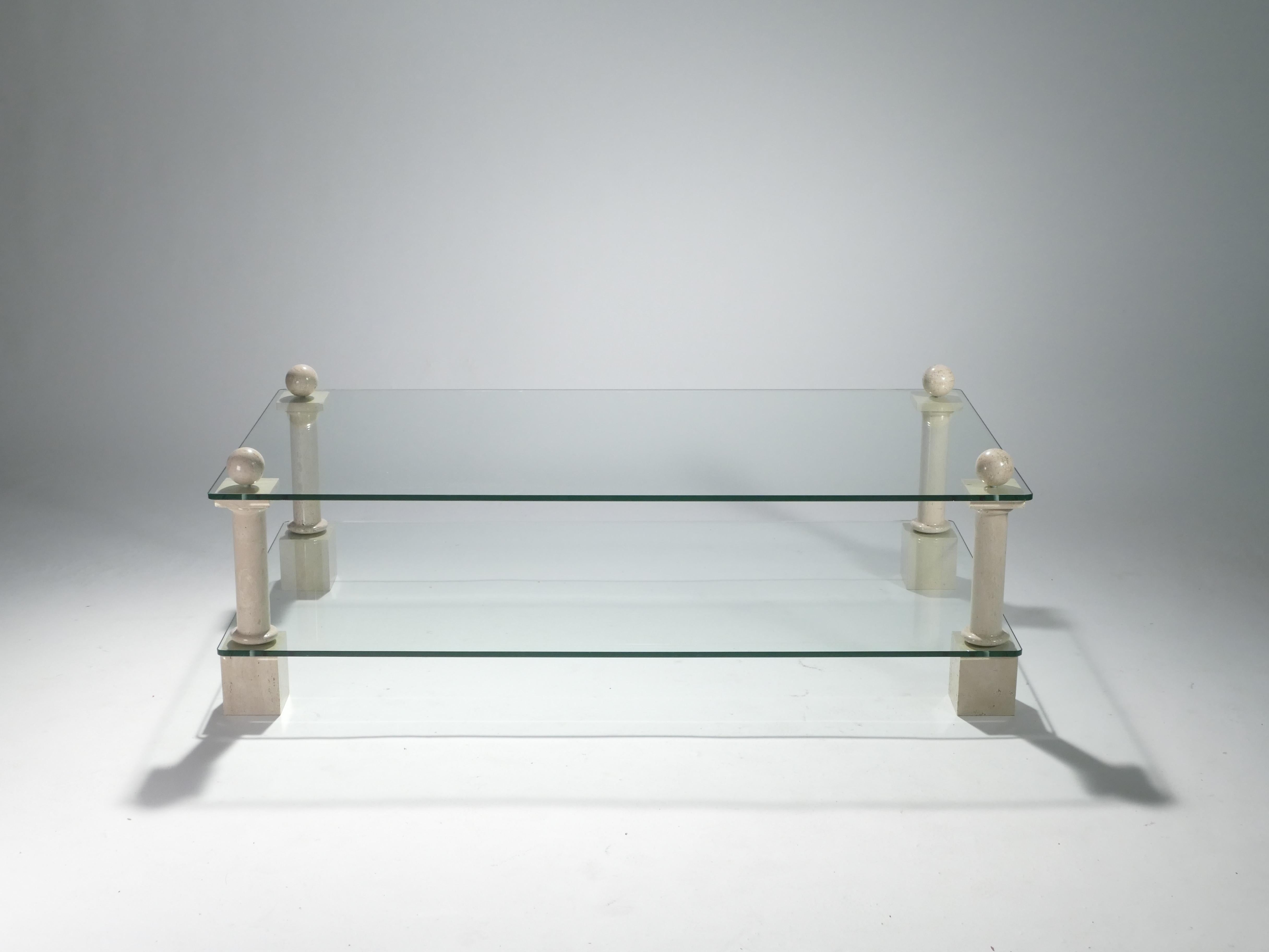 French Hollywood Regency Philippe Barbier Travertine Glass Coffee Table, 1970s 1