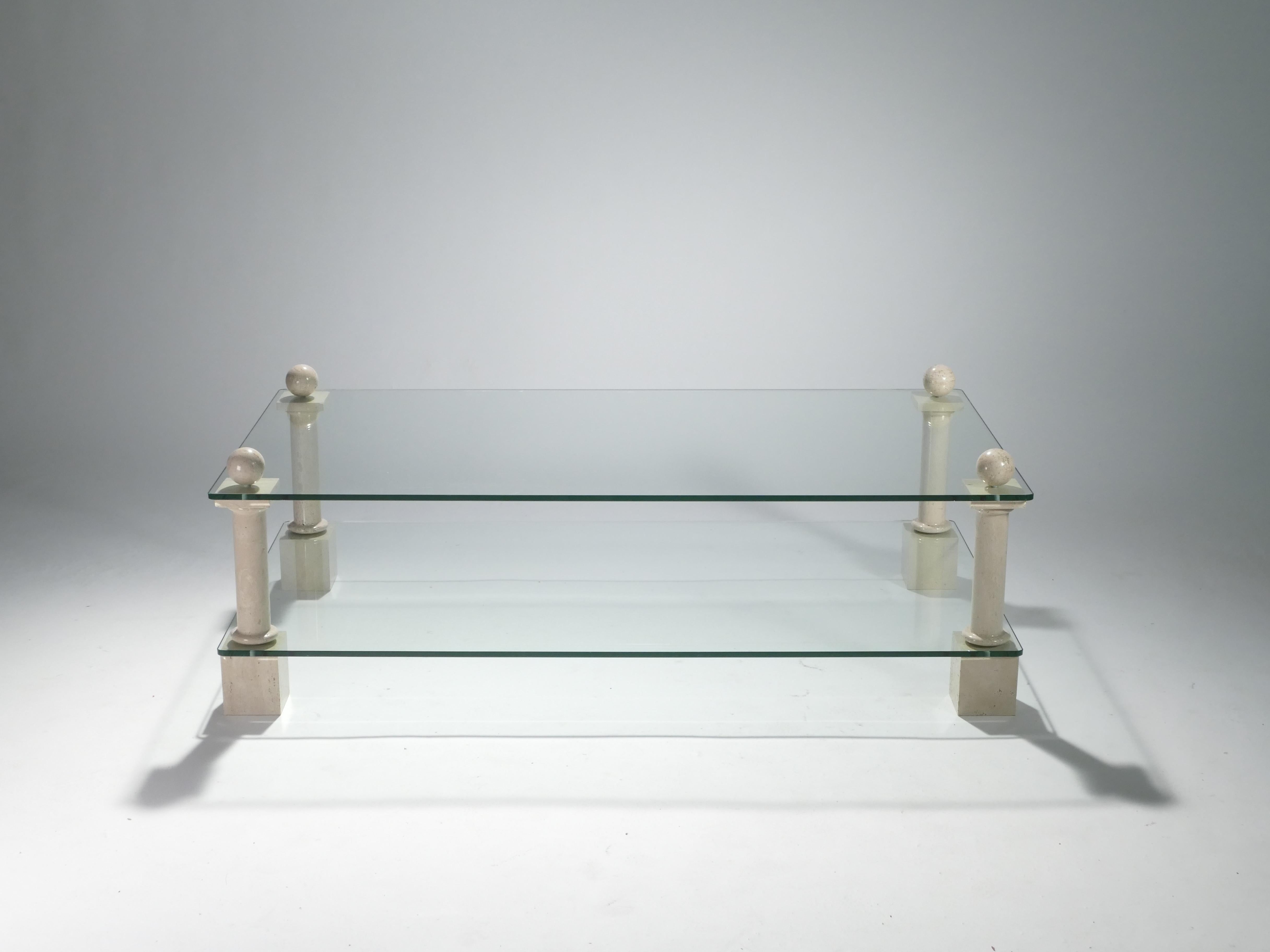 Late 20th Century French Hollywood Regency Philippe Barbier Travertine Glass Coffee Table, 1970s