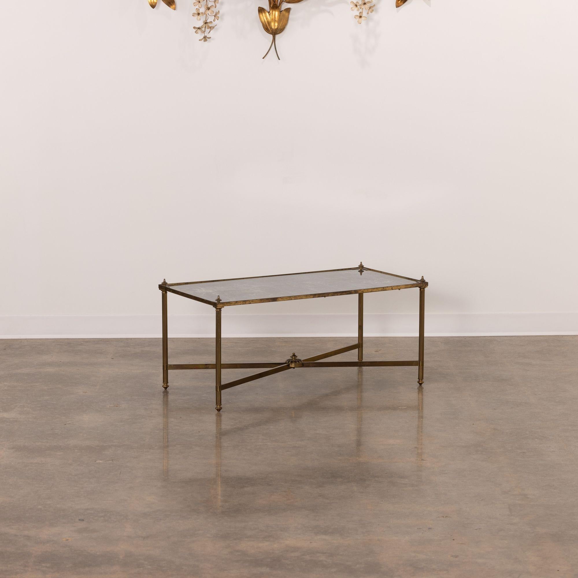 20th Century French Hollywood Regency Style Brass Cocktail Table with Eglomisé Top