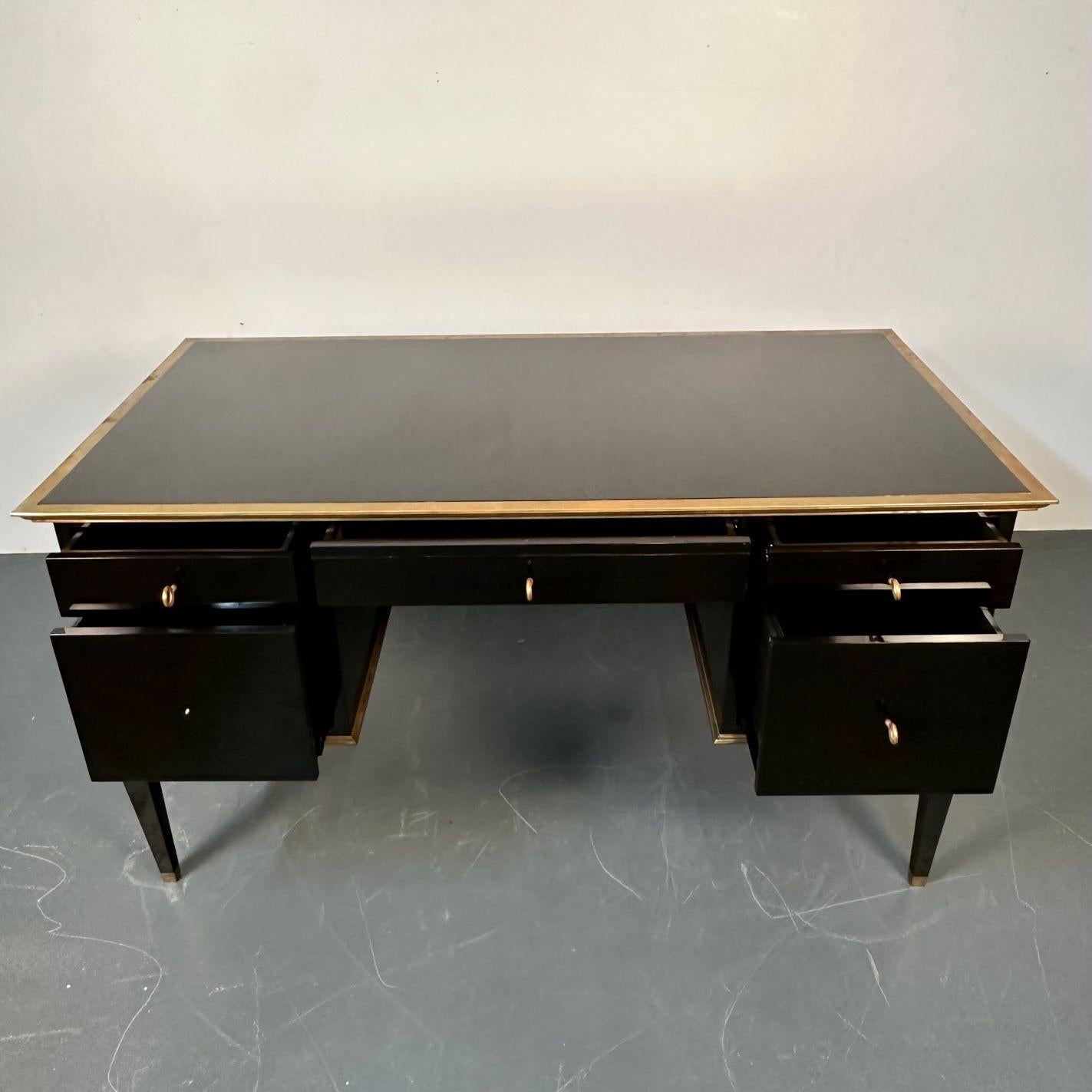 French Hollywood Regency Style Ebony Lacquer Executive Desk / Writing Table In Good Condition For Sale In Stamford, CT