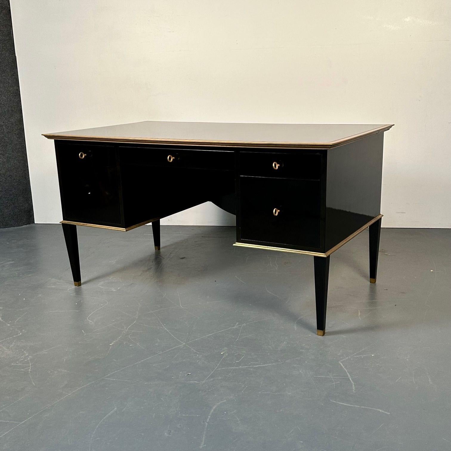 Bronze French Hollywood Regency Style Ebony Lacquer Executive Desk / Writing Table For Sale