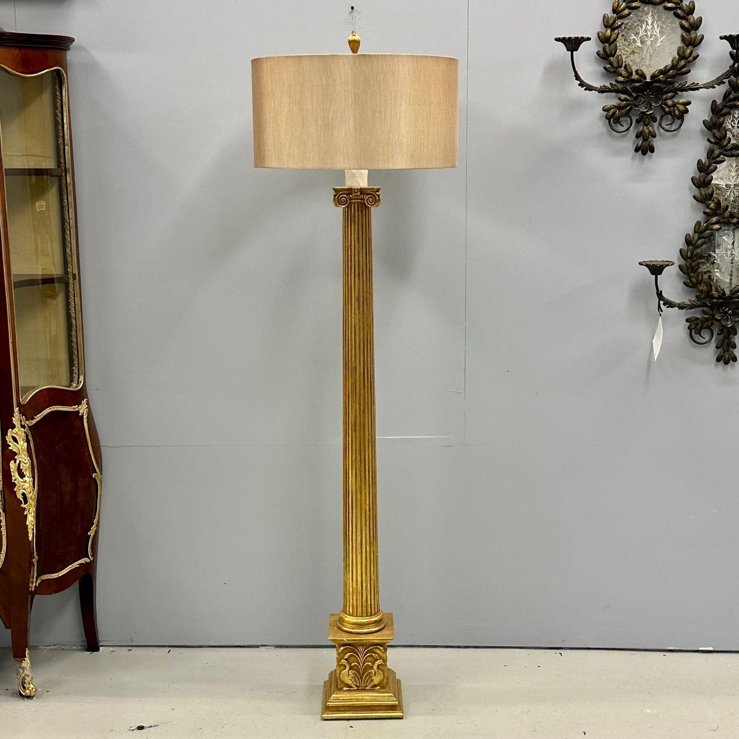 Louis XVI French Hollywood Regency Style Large Giltwood Floor Lamp, Hand Carved For Sale