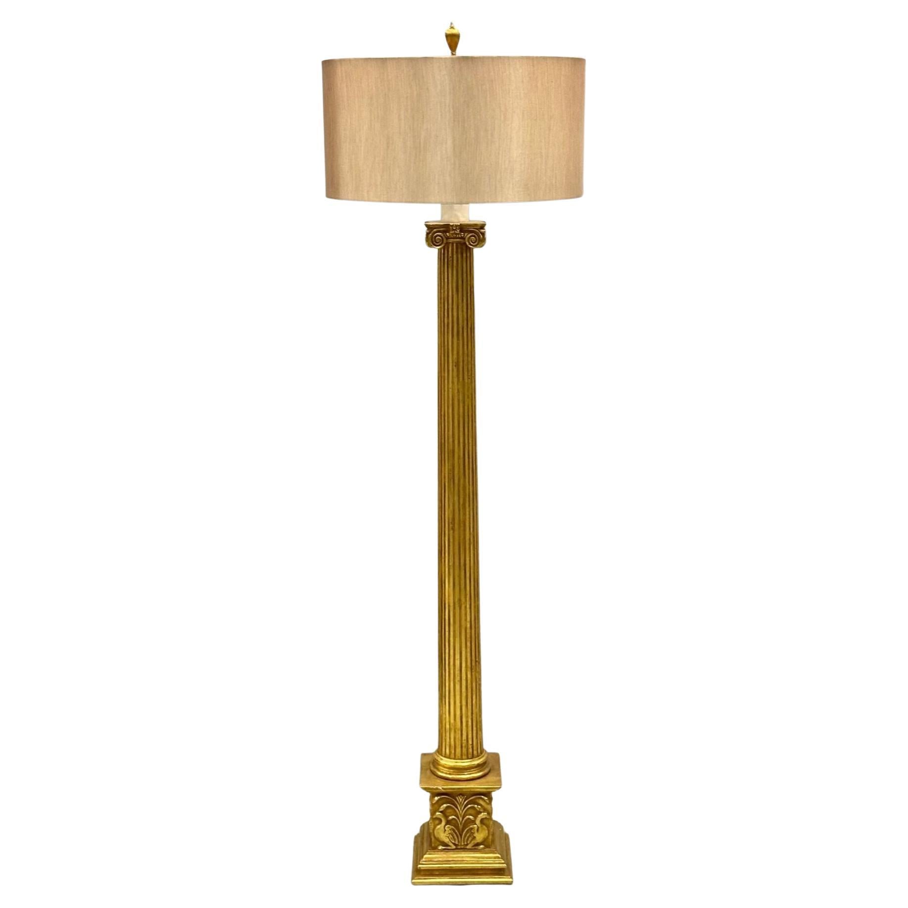 French Hollywood Regency Style Large Giltwood Floor Lamp, Hand Carved For Sale