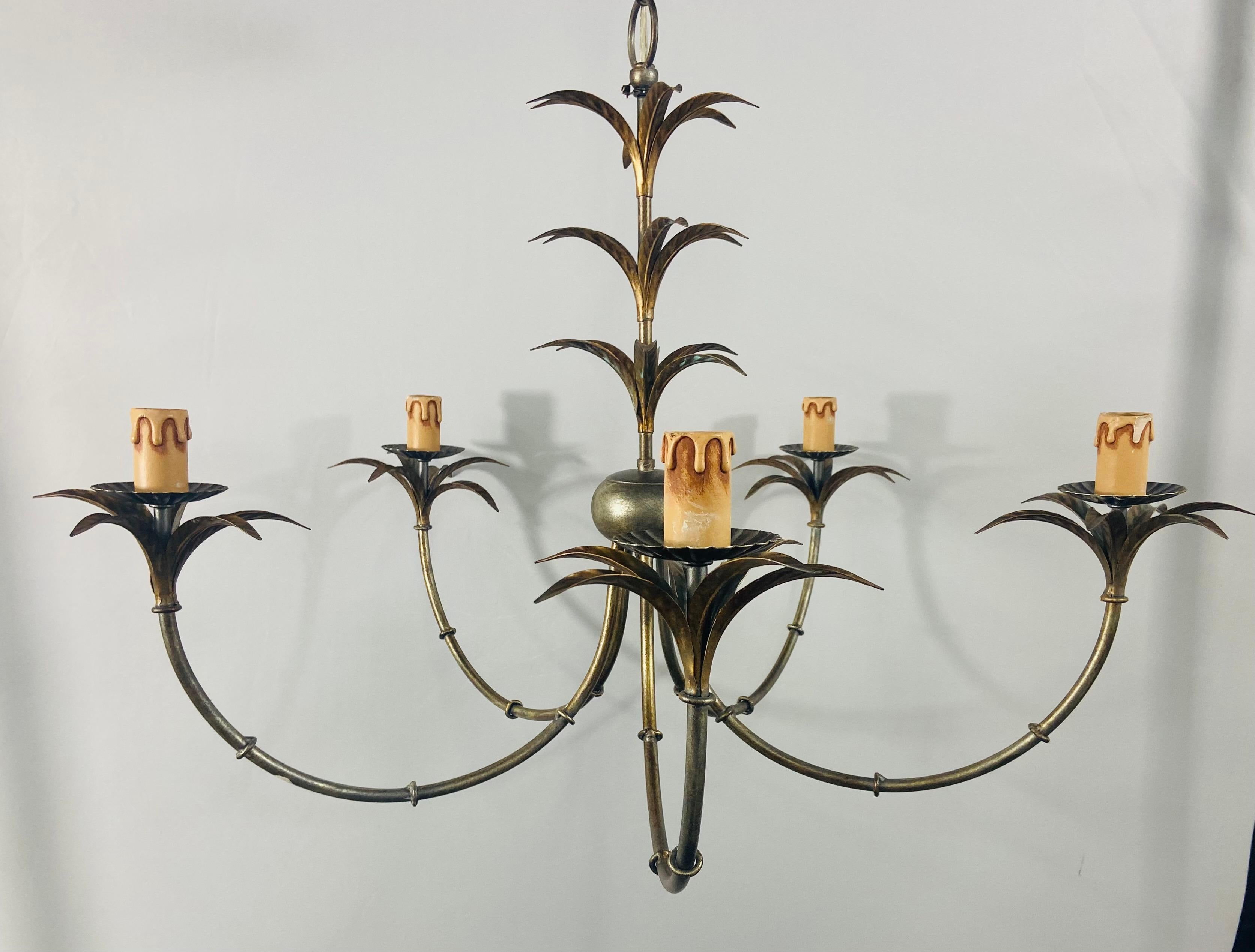 Bronzed French Hollywood Regency Style Leaf Design Chandelier, 5 Arms