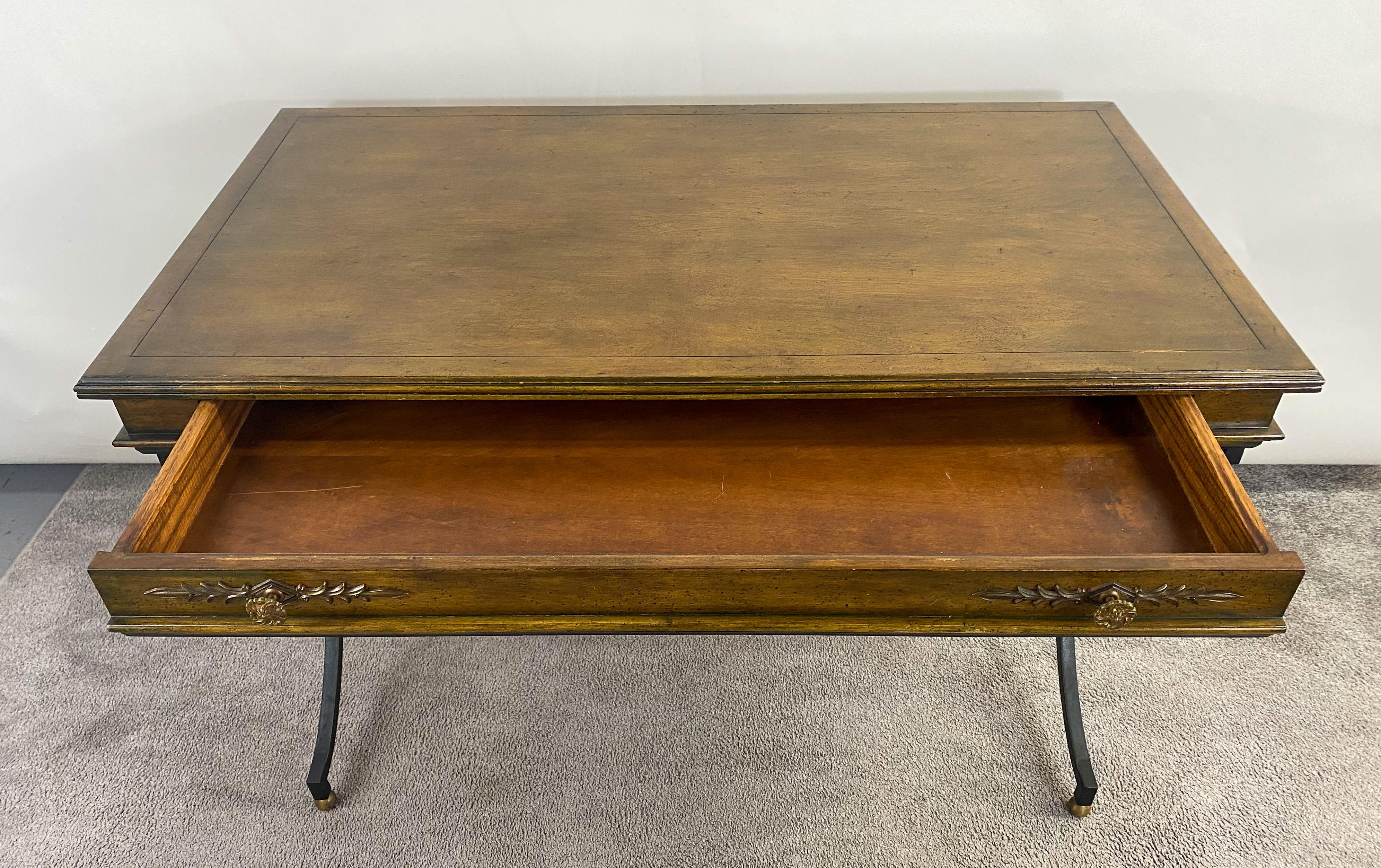 Brass French Hollywood Regency Style Mahogany Writing Desk For Sale