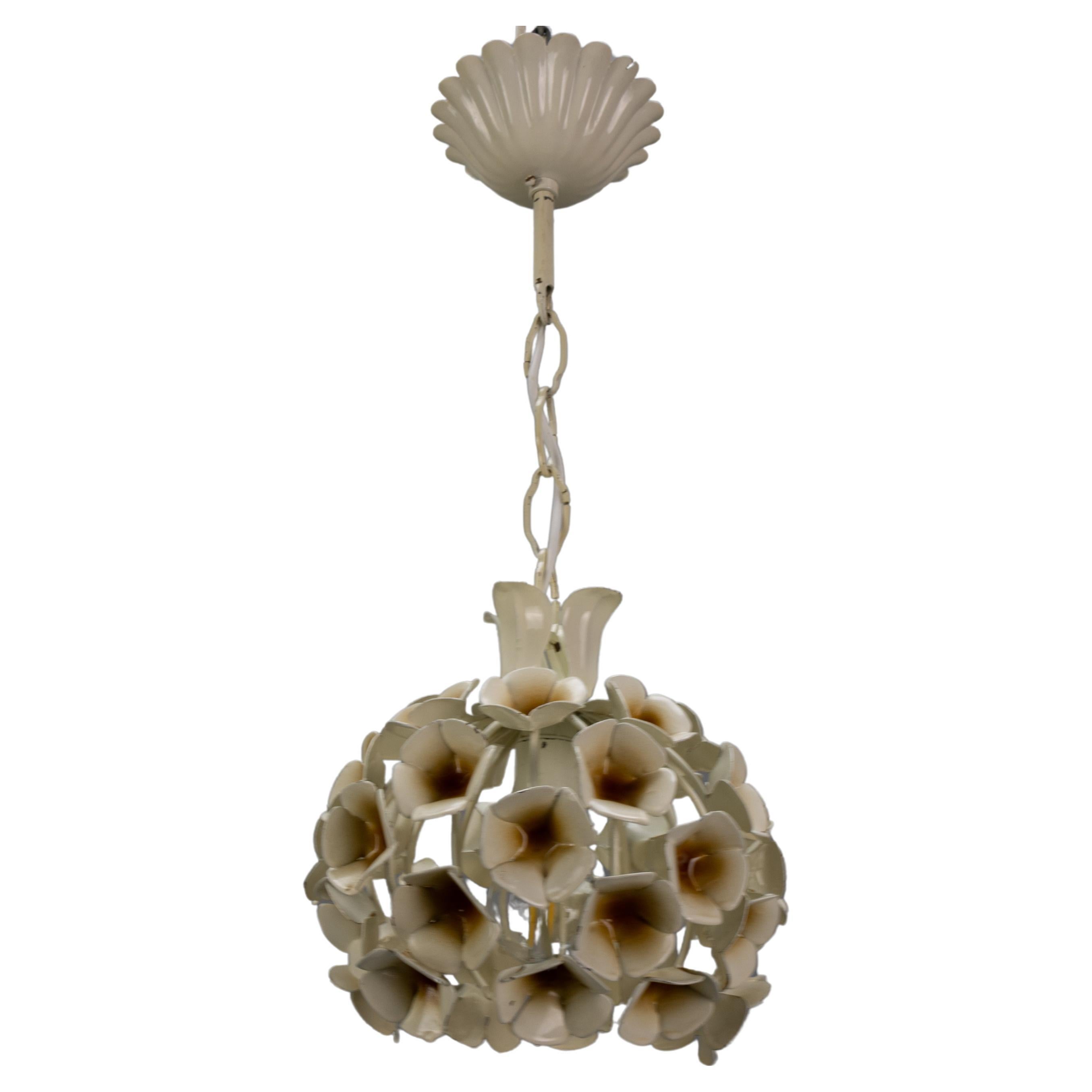 French Hollywood Regency Style White Flower Metal Pendant Light, 1960s