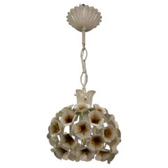 French Hollywood Regency Style White Flower Metal Pendant Light, 1960s