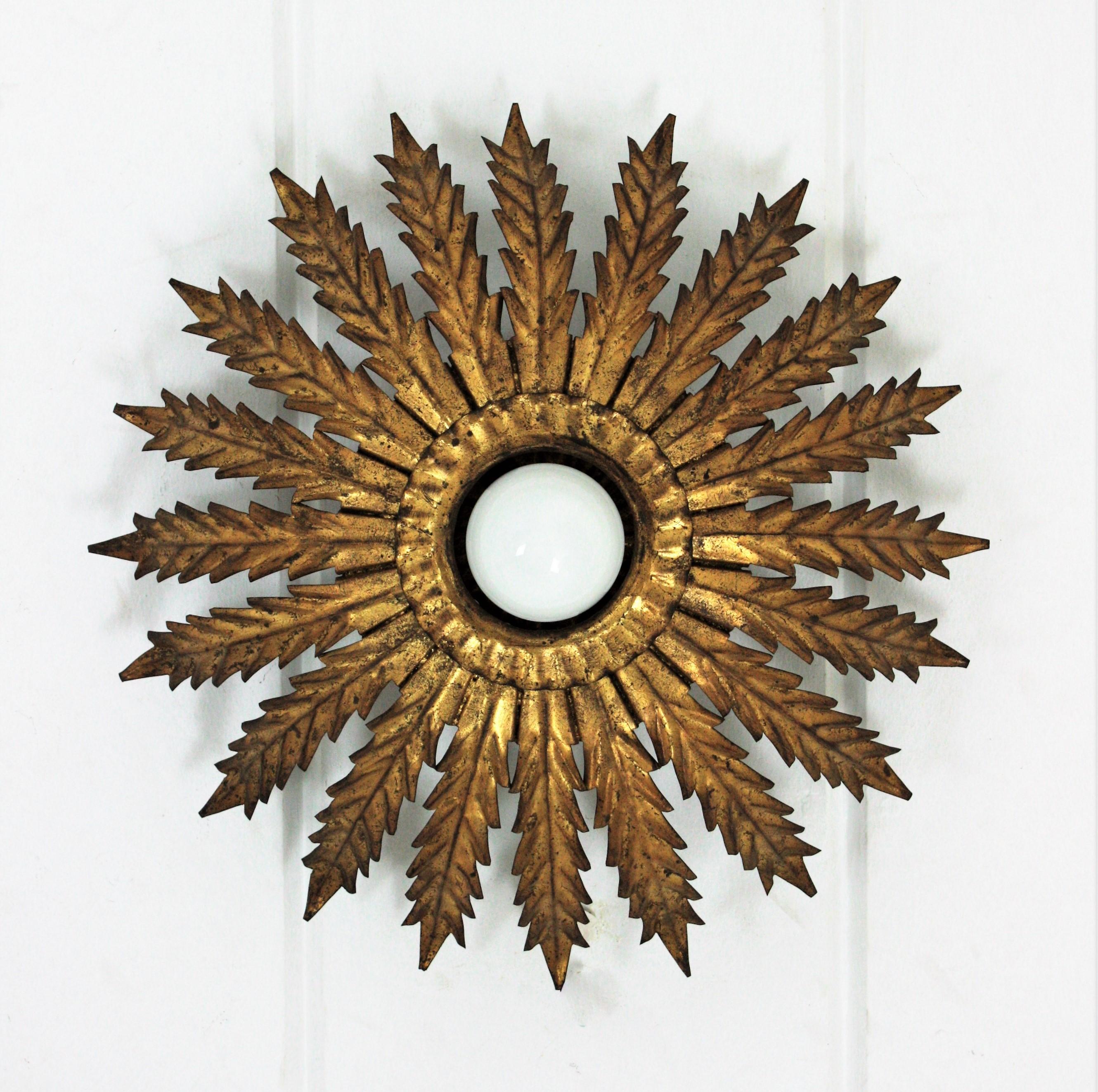 French Hollywood Regency Sunburst Leaves Light Fixture, 1950s For Sale 6