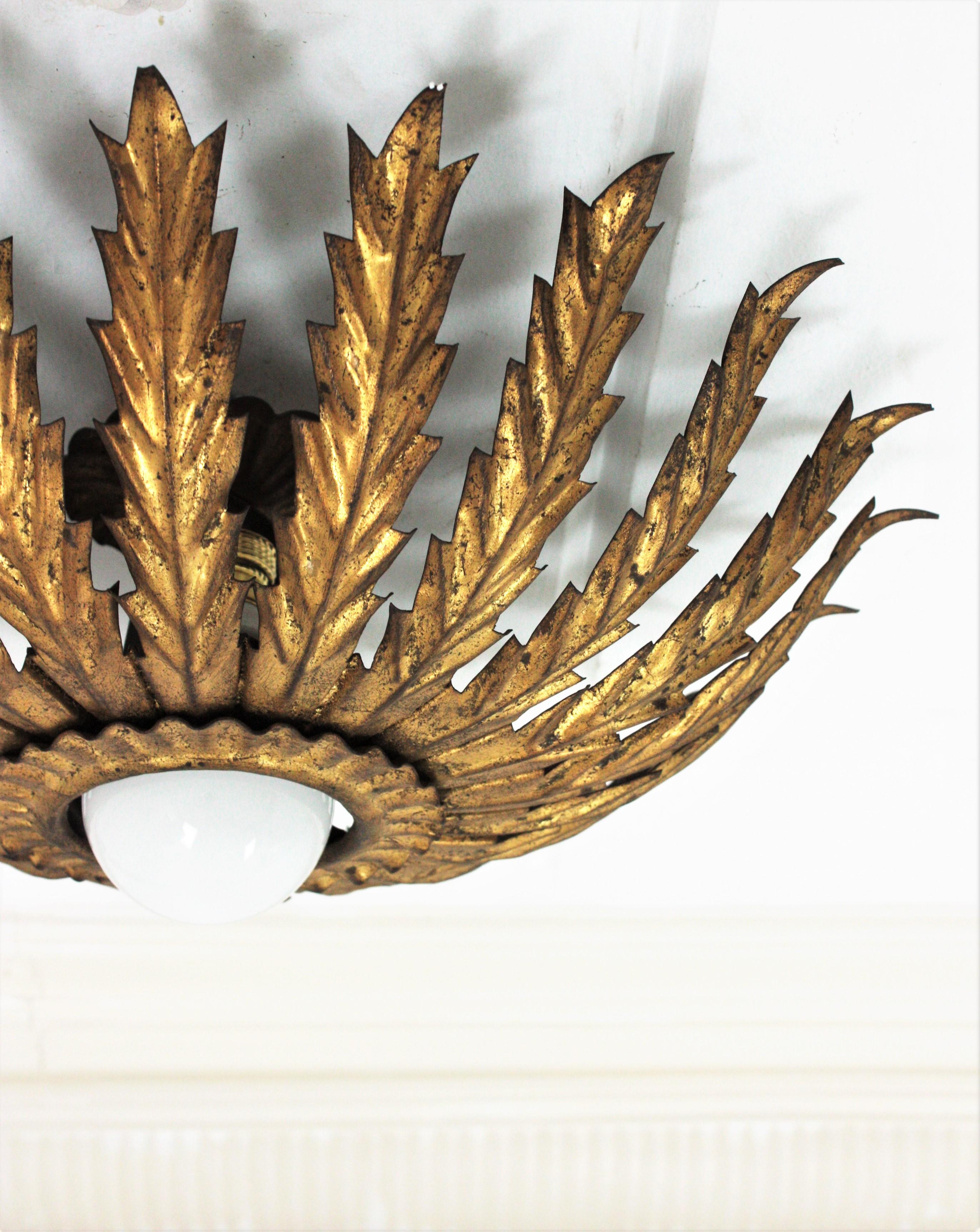 French Hollywood Regency Sunburst Leaves Light Fixture, 1950s For Sale 12