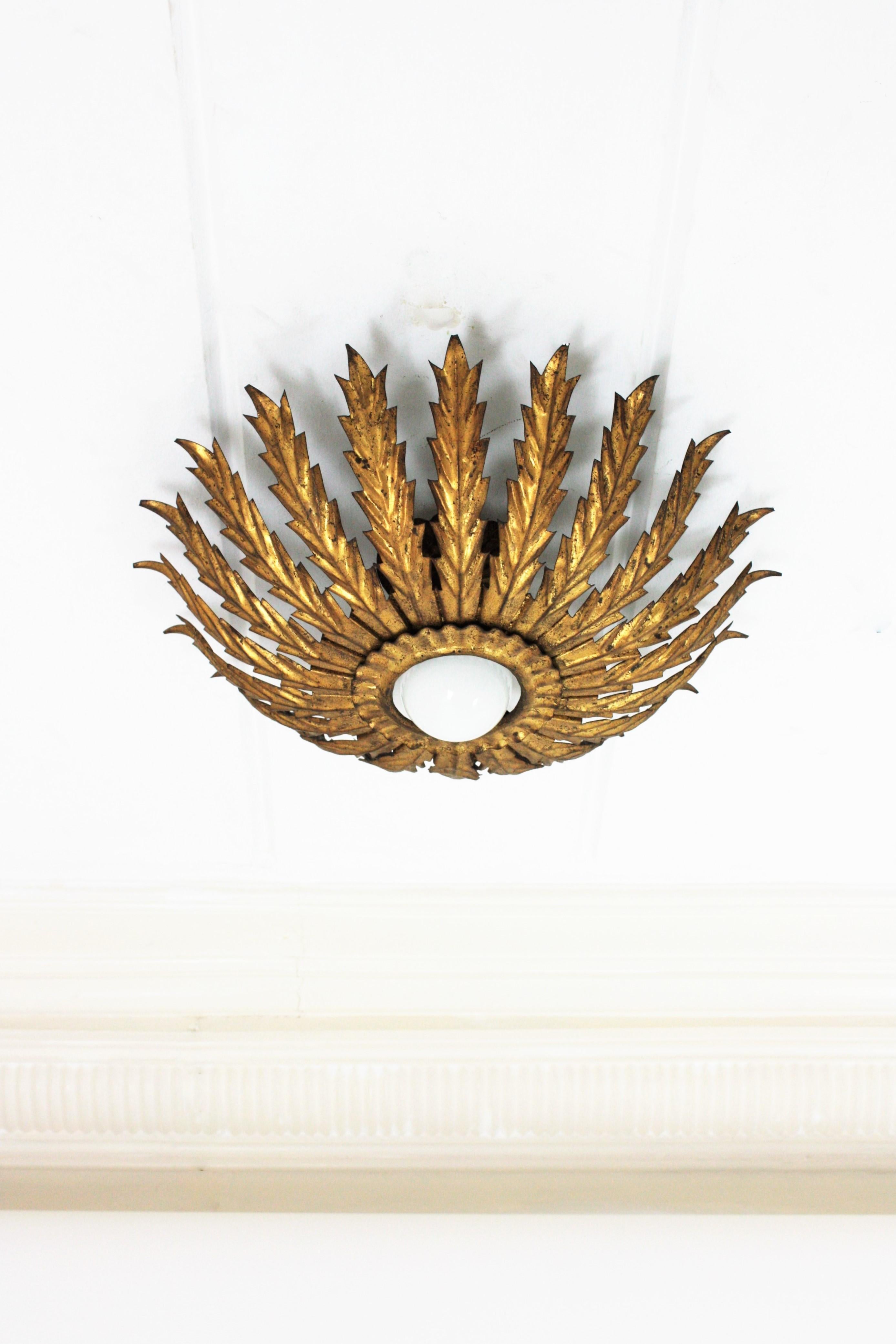 Gilt French Hollywood Regency Sunburst Leaves Light Fixture, 1950s For Sale