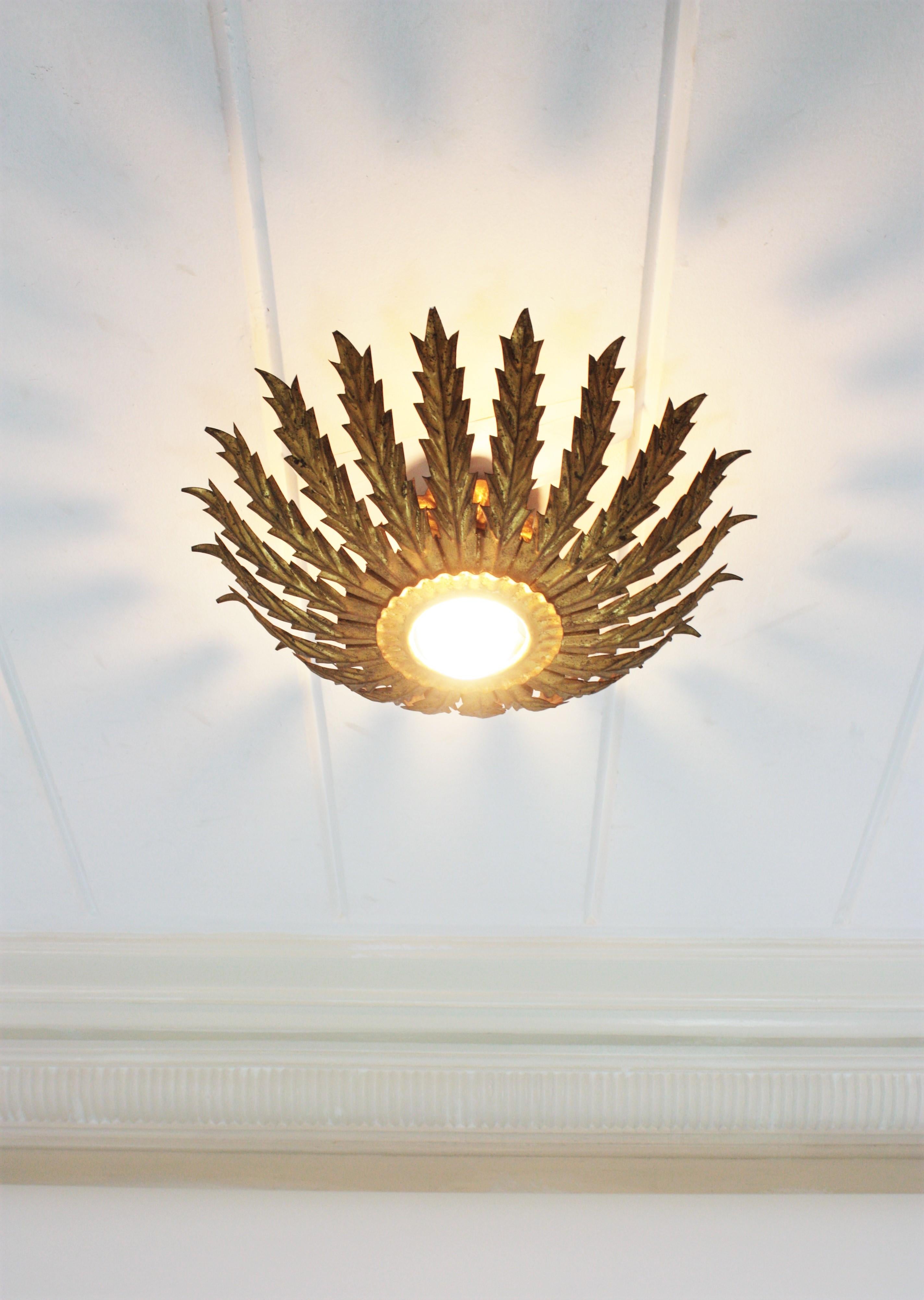 Doré Luminaire français Hollywood Regency à feuilles en forme de soleil, années 1950 en vente