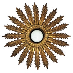 French Hollywood Regency Sunburst Leaves Light Fixture, 1950s