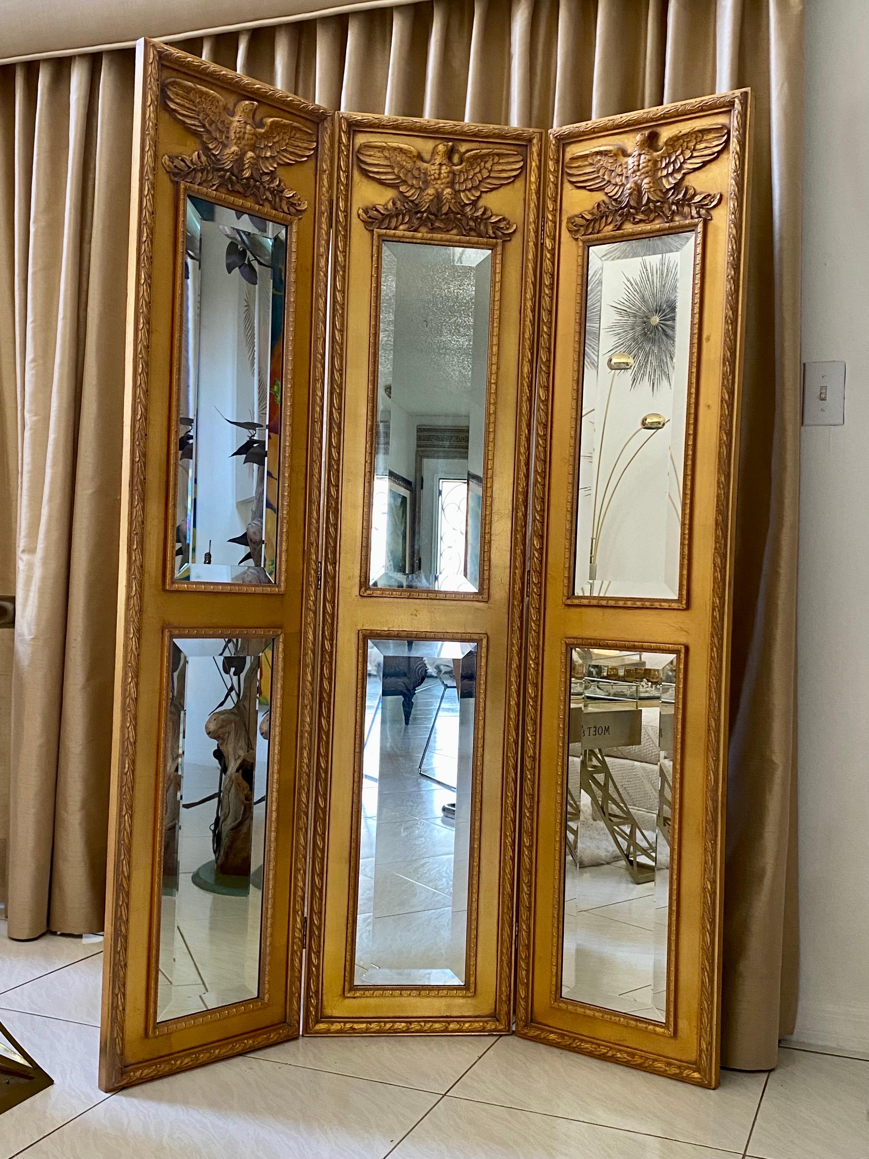 French Hollywood Regency Three Panel giltwood Screen or Room Divider For Sale 5