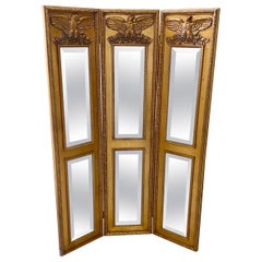 Paravento o divisorio a tre pannelli in legno dorato French Hollywood Regency