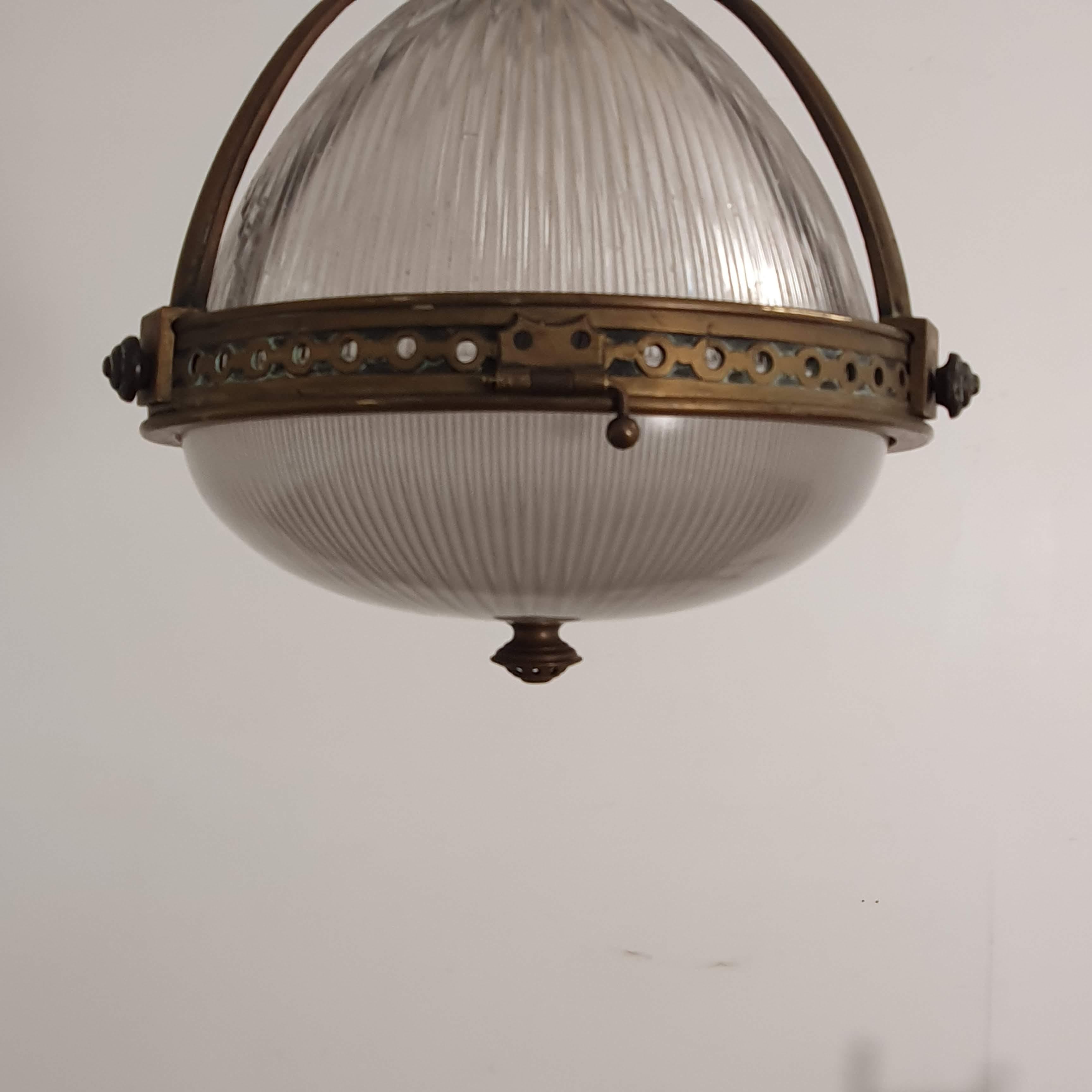 Early 20th Century French Holophane Brass Pendant Light, circa 1920 For Sale
