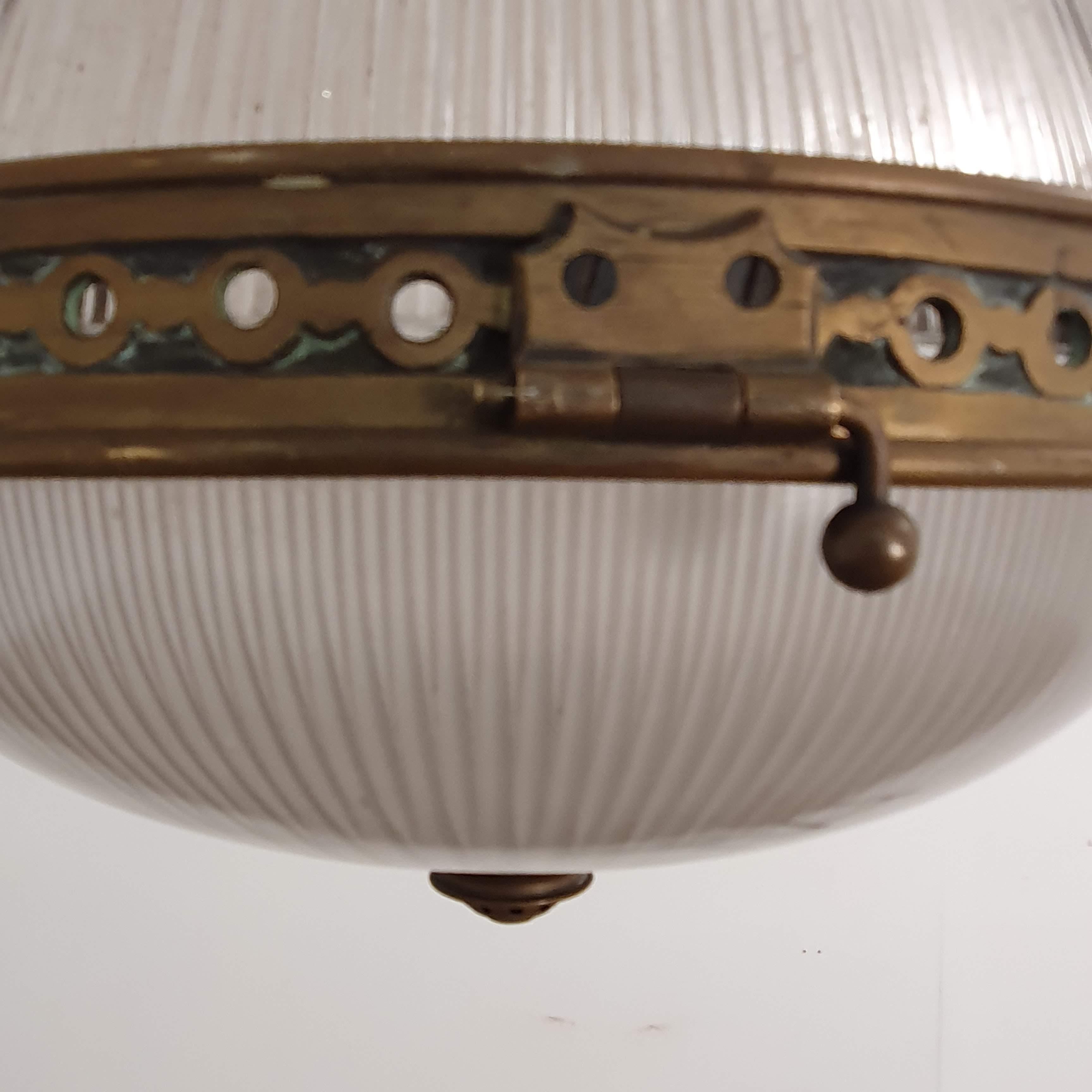 Glass French Holophane Brass Pendant Light, circa 1920 For Sale