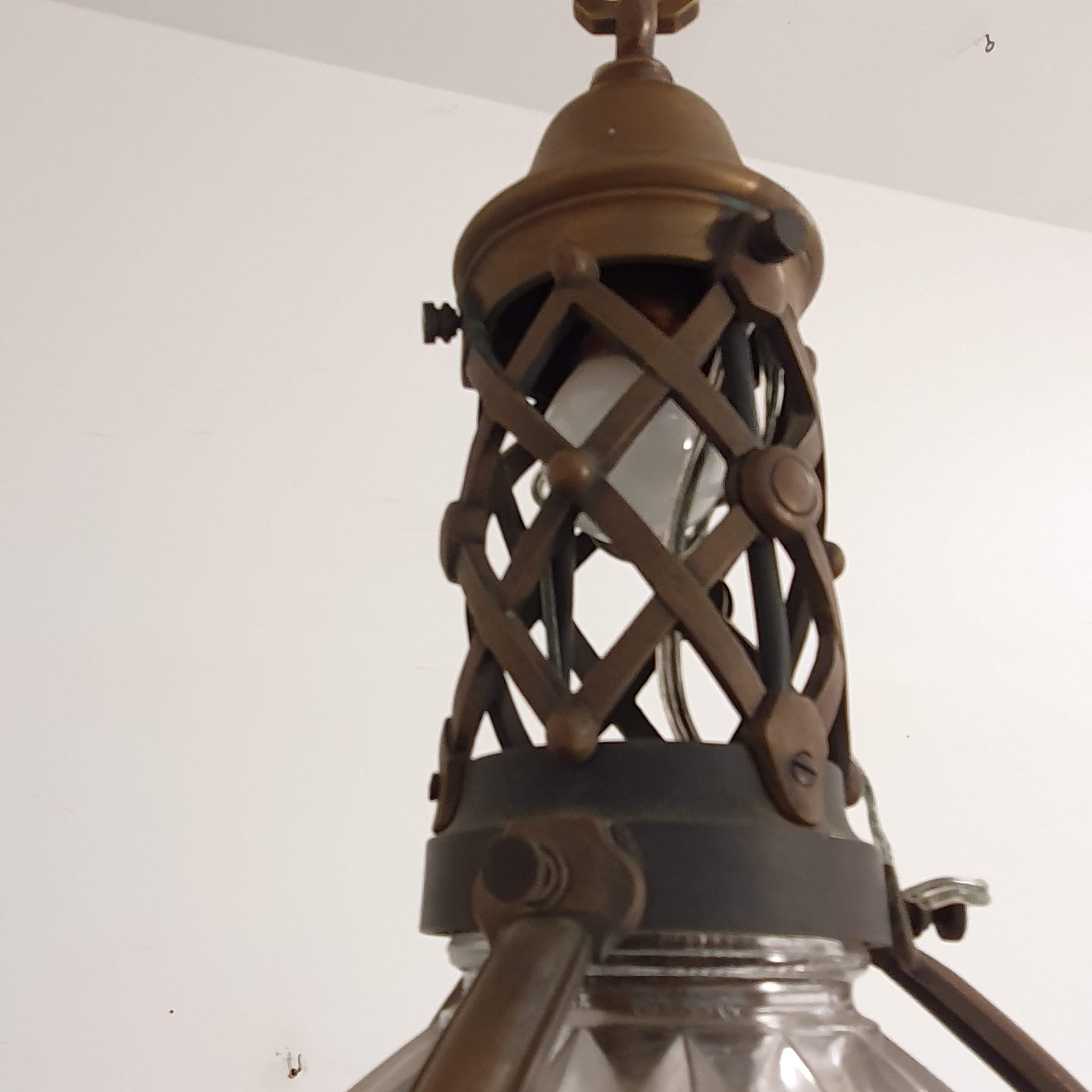 French Holophane Brass Pendant Light, circa 1920 For Sale 1