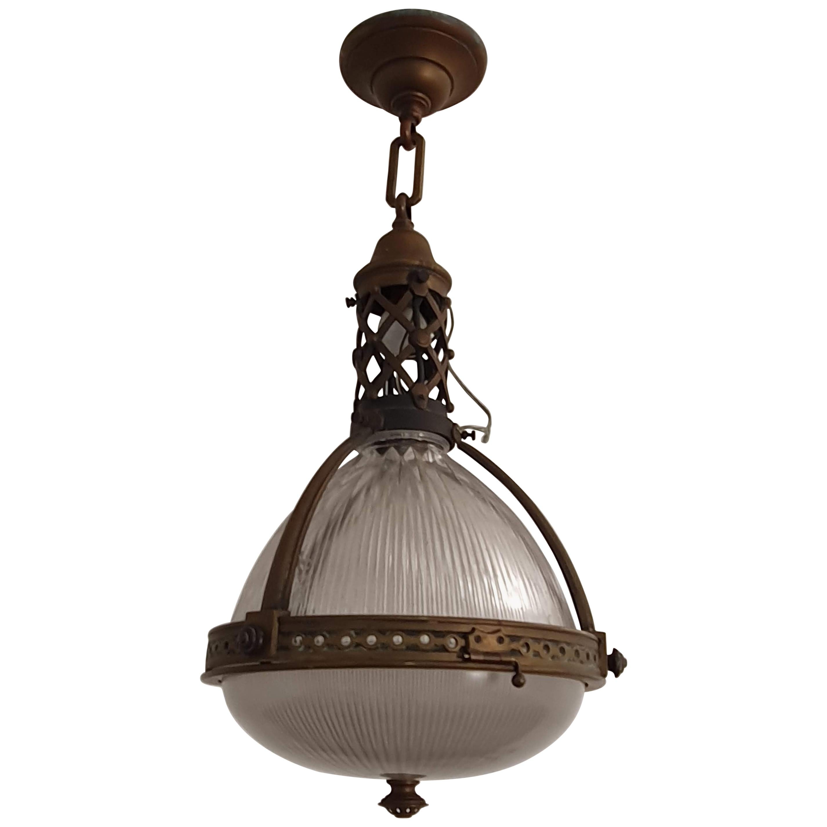 French Holophane Brass Pendant Light, circa 1920 For Sale