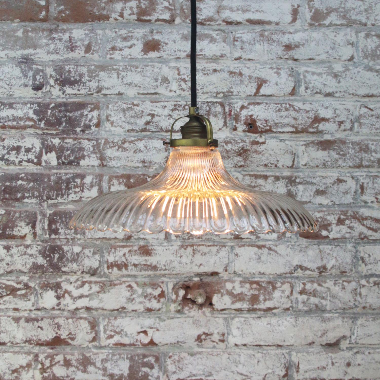 Brass French Holophane Clear Glass Vintage Industrial Pendant Light