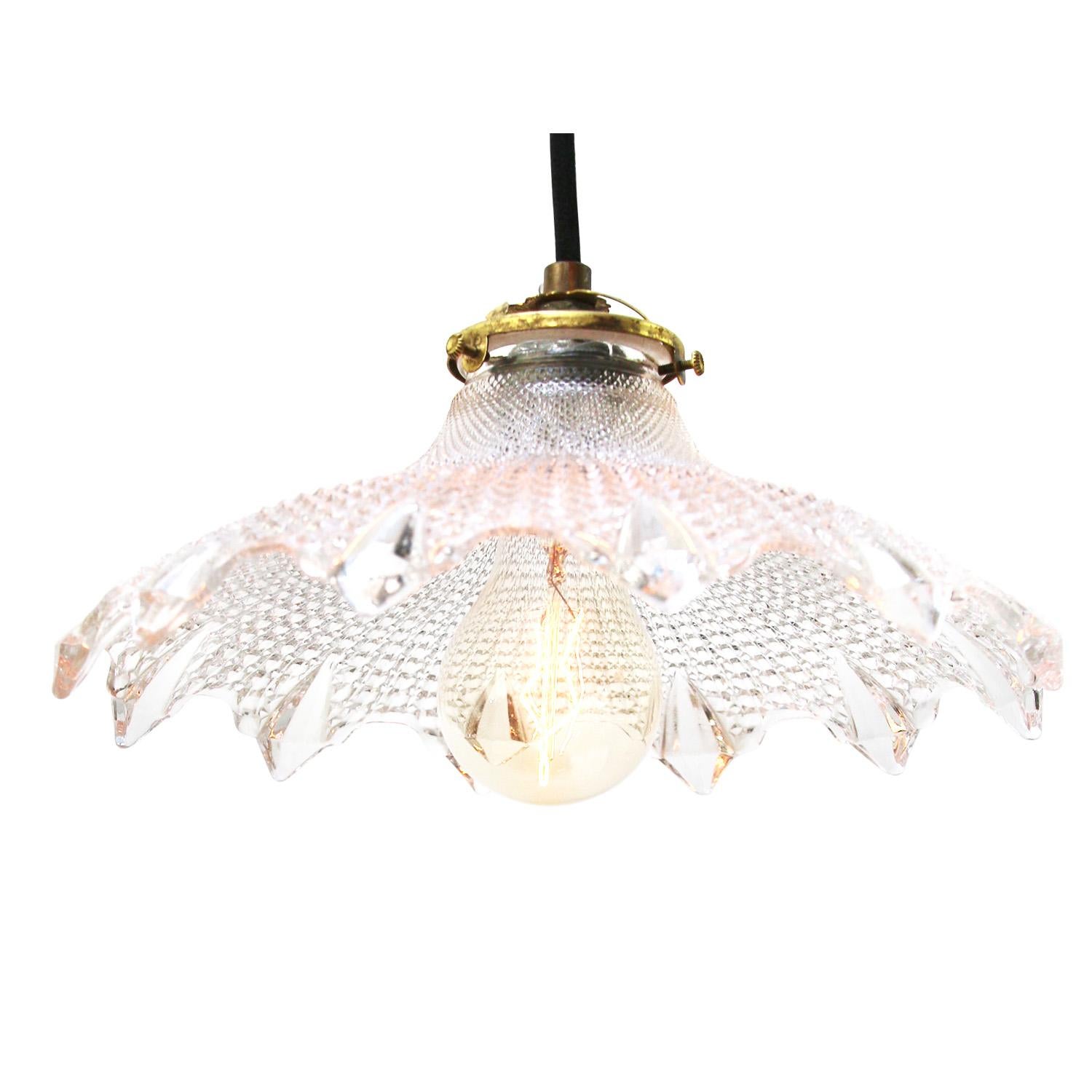 Art Nouveau French Holophane Clear Glass Vintage Pendant Lights For Sale