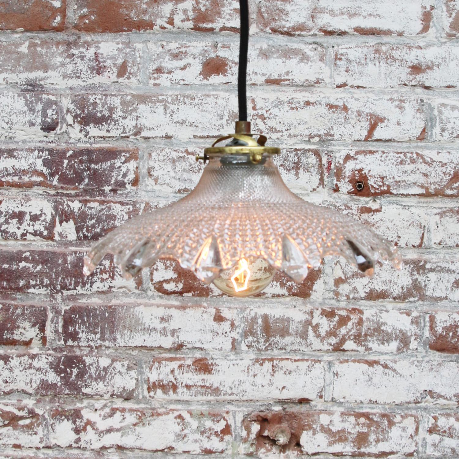 20th Century French Holophane Clear Glass Vintage Pendant Lights For Sale