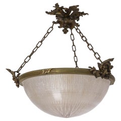 French Holophane Dome and Bronze Ceiling Pendant Lustre circa 1900