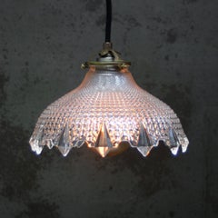 French Holophane Glass Vintage Brass Pendant Light
